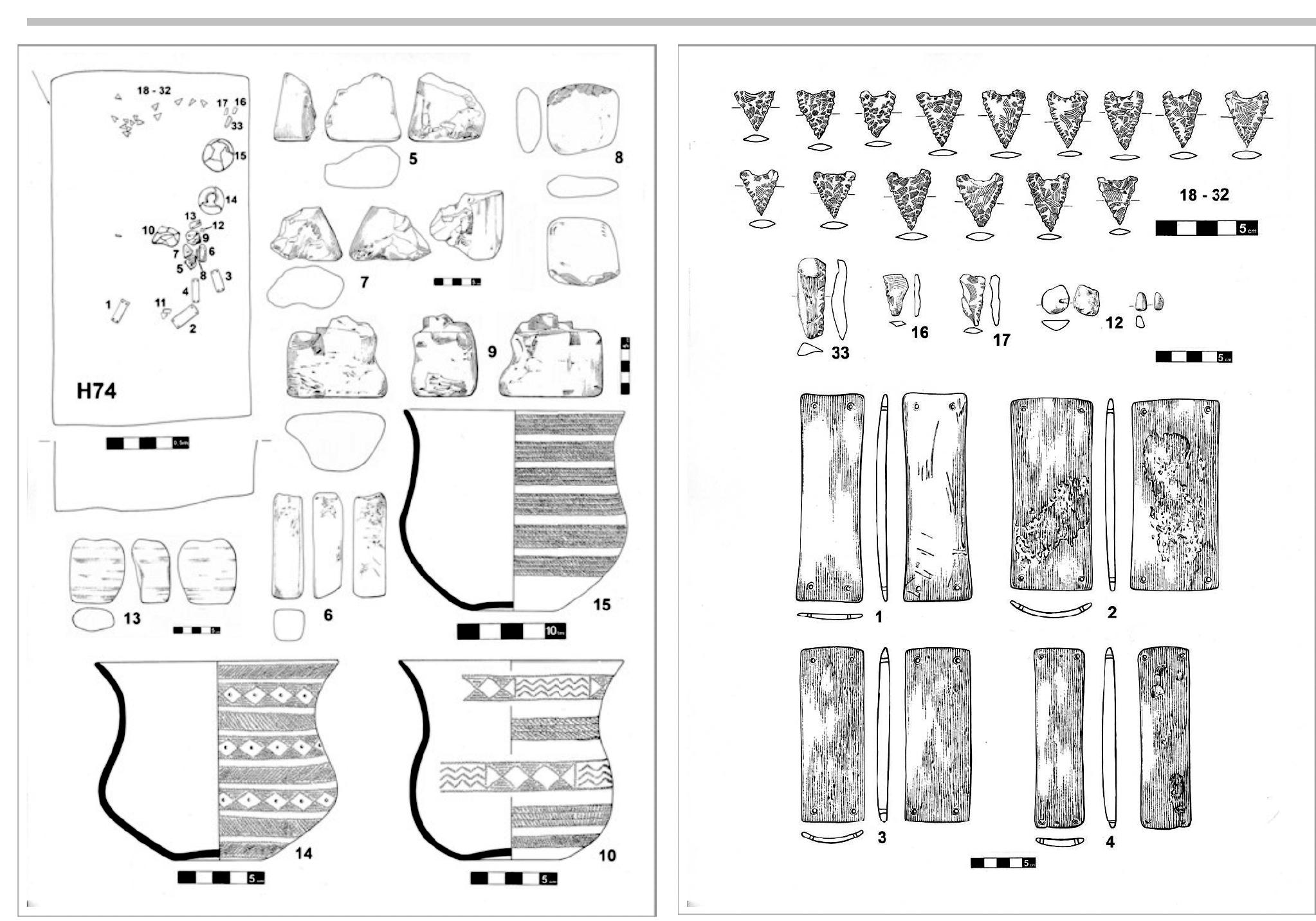 Figure 13. Hulin-Pravéice 2, Vishovce 2008. Other equipment of rich grave H74. 1-4 — wristguards; 12 — a stone with a hole; 16, 17, 33 — flake tool; 18-32 — arrowhead Figure 12. Hulin-Pravcice 2, Vishovce 2008. Equipment of rich grave H7- 10, 14, I5 — decorated beaker; 5-9,13 — stone — parts of smith tools; 11 — pottery fragments