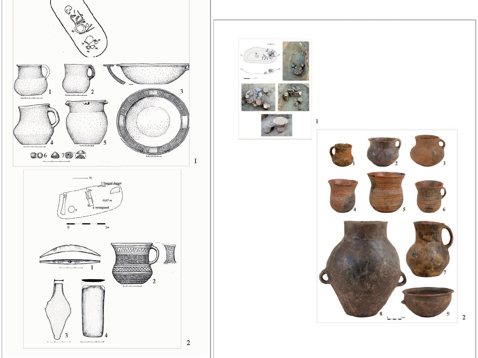 Figure 4. Inhumation graves from Békasmegyer , 1: Grave No 193, 2:Grave No.432. (after Kalicz-Schreiber Kalicz 1998/2000) Figure 5. 1-2: Grave (No 1273) with scattered ashes from Szigetszentmiklés- Udiildsor (Csepel-Island 2010)