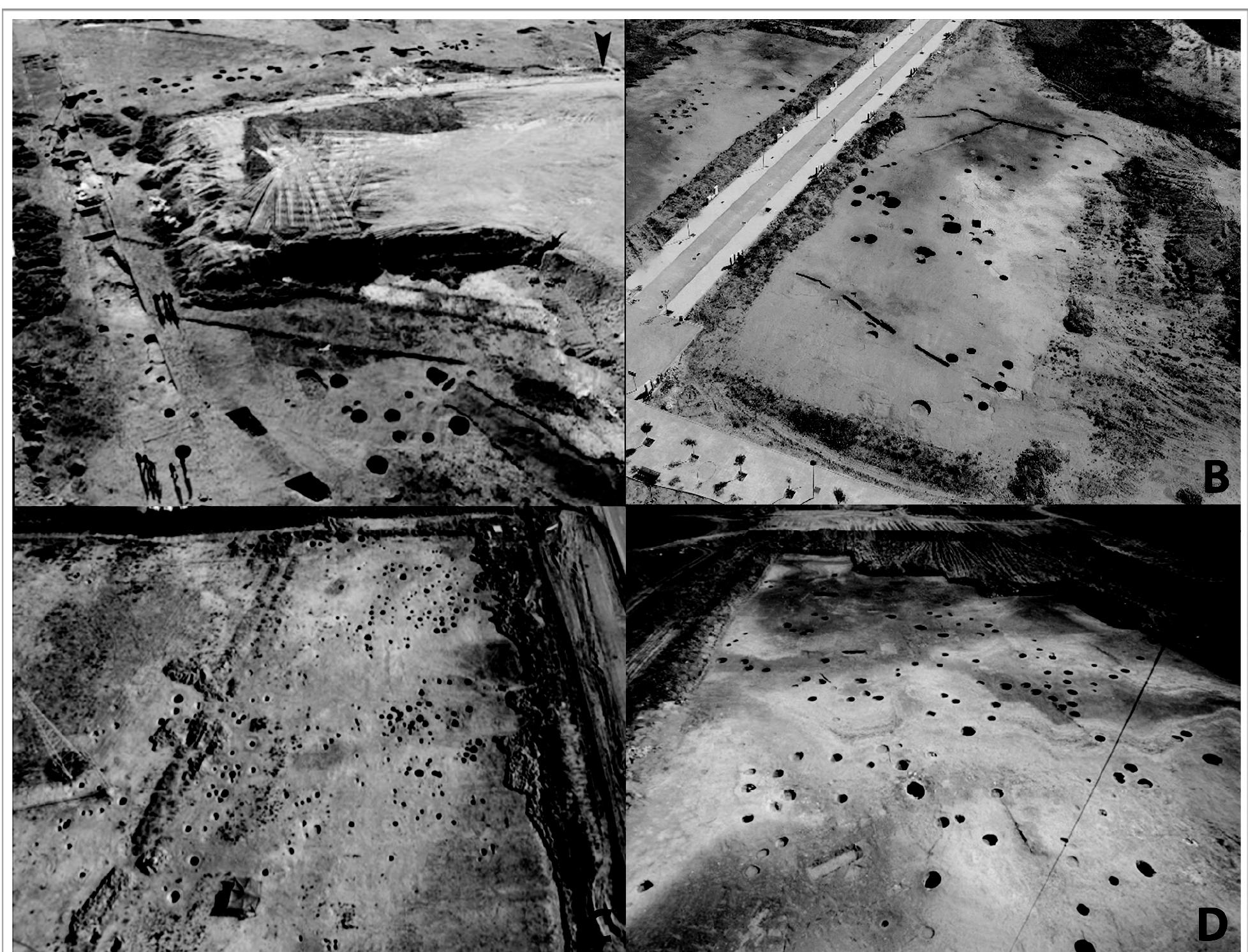 Figure 1. Aerial view of several large settlements from the 3rd millennium BC in the region of Madrid. A: Camino de las Yeseras (Argea Consultores, S.L.); B: Soto del Henares (Galindo & Sanchez Sanchez, 2006a); C: La Teneria II & D: Las Olivas (Argea Consultores, S.L.)