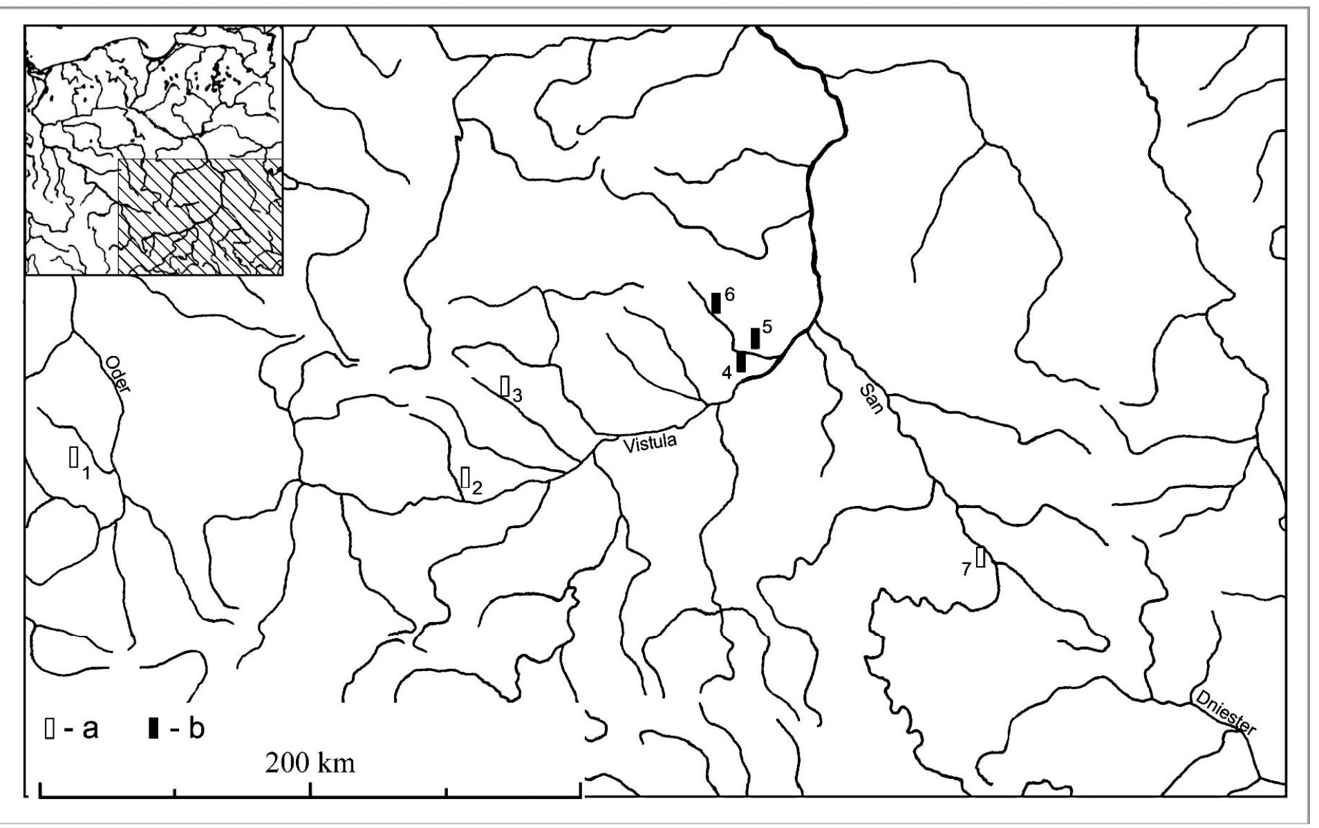 Figure 3. Distribution of archaeological features with wristguards in southeastern Poland; a — Early Mierzanowice burials, b -. Bell Beaker culture burials; 1 - Kietrz, Gtubczyce district, 2 - Krak6éw-Nowa Huta-Mogita, Krakéw district, 3 - Swiecice, Miech6w district, 4 - Swiniary, Busko Zdr6j district, 5 -— Samborzec, Sandomierz district, 6 — Beradz, Sandomierz district, 7 - Rozbérz, Przeworsk district benchmarks. Burials with wristguards from Krakéw- (Miskiewicz 1983), placed into grave on the right side