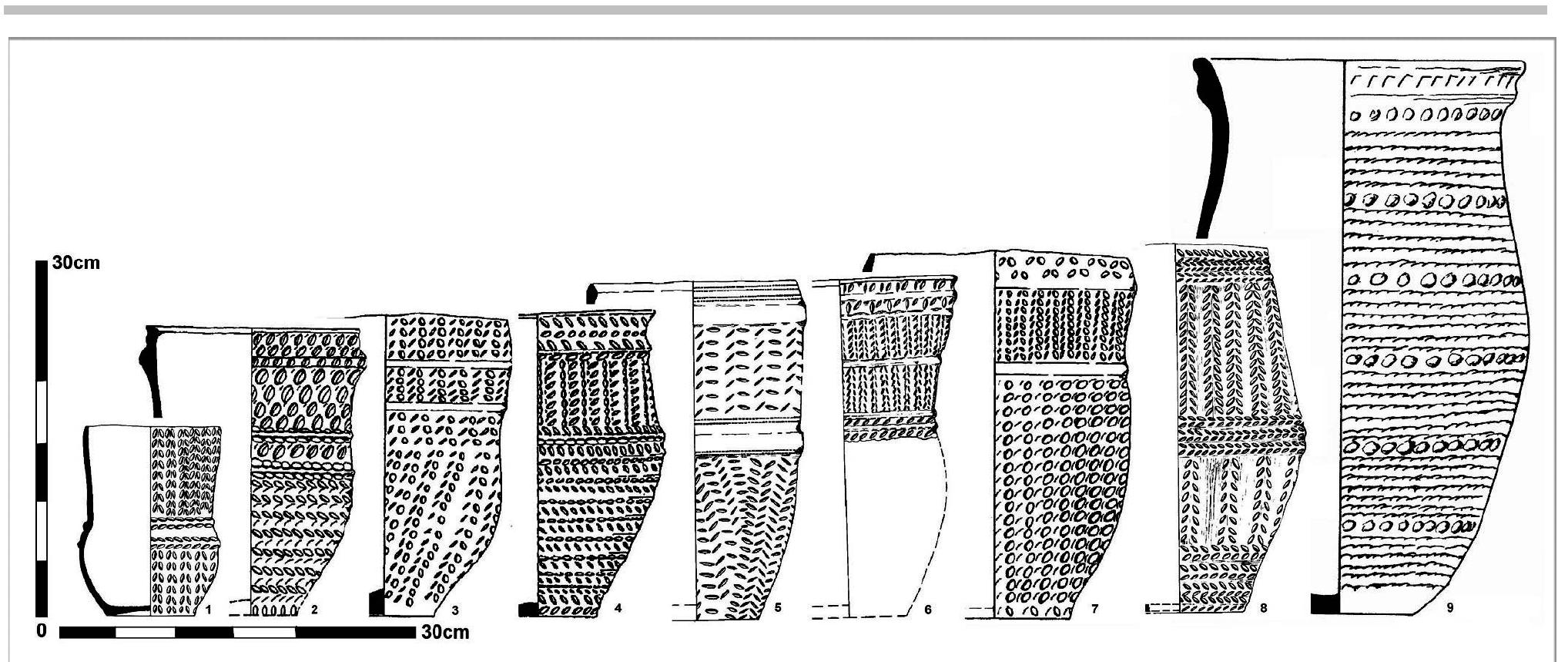 Figure 2. Reconstructable British ‘Potbeakers’ with heavy rustication and moulding. 1 Harston, Leicestershire. 2 Chippenham V, Cambridgeshire. 3 Lion Point, Essex. 4 Somersham, Cambridgeshire. 5 & 6 Castleshaw, West Yorkshire. 7 Great Barton, Suffolk. 8 Butley, Suffolk. 9 Maxey, Cambridgeshire. All from Clarke 1970