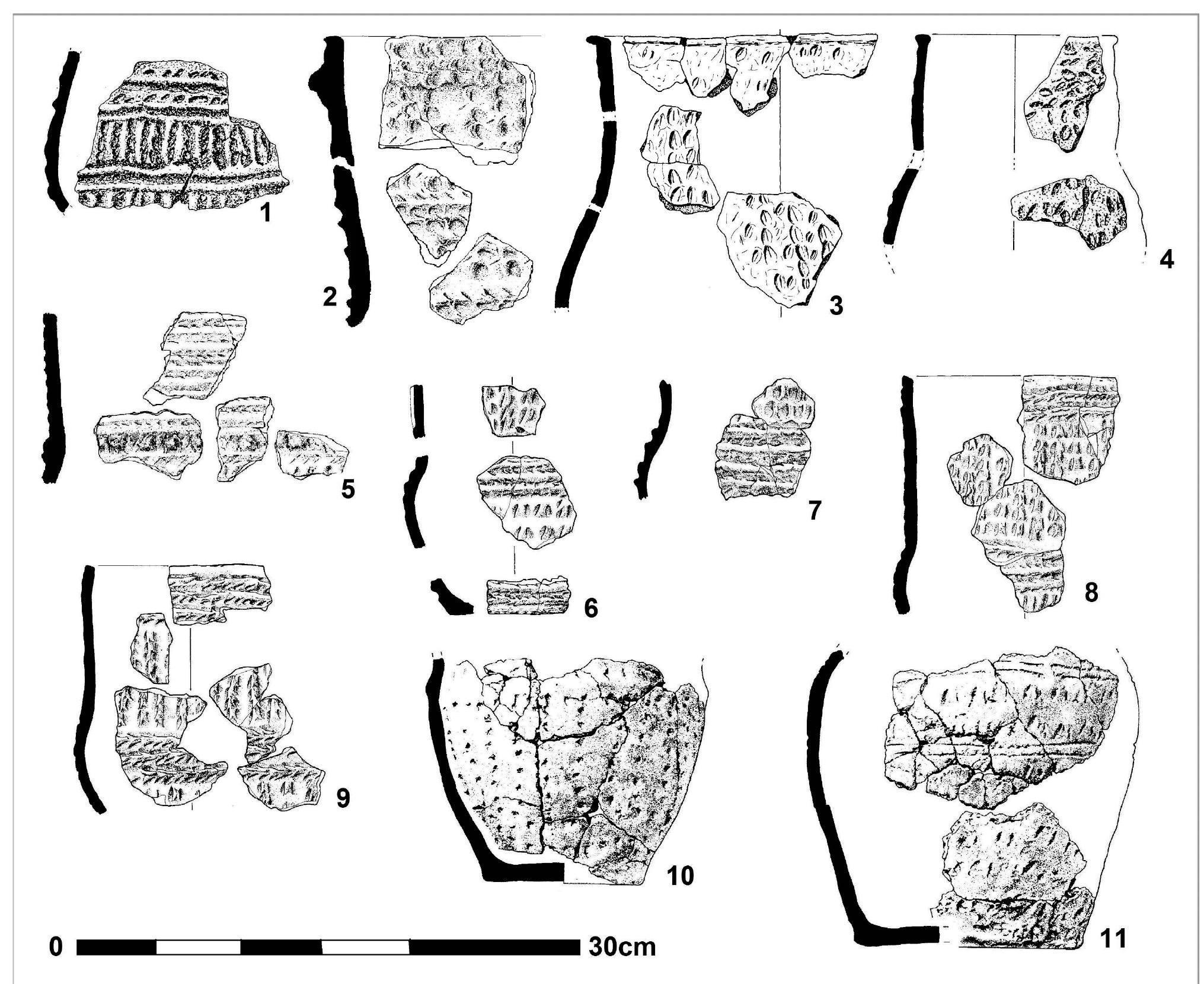 Figure 4. Selected British ‘Potbeakers from settlement contexts — the sherd evidence. 1 Bottisham Lock, Cambridgeshire. 2 & 5 Chippenham V, Cambridgeshire. 3 Church Hill, Sussex. 4 Fifty Farm, Suffolk. 6 — 9 Hockwold-cum-Wilton, Site 93, Norfolk. 10 & 11 Lockington, Derbyshire. 1, 3 & 4 from Gibson 1982, 2 & 5-9 from Bamford 1982, 10 & 11 from Hughes 2000 contexts over a considerable period of time (figure 4). Dutch material has already been commented upon