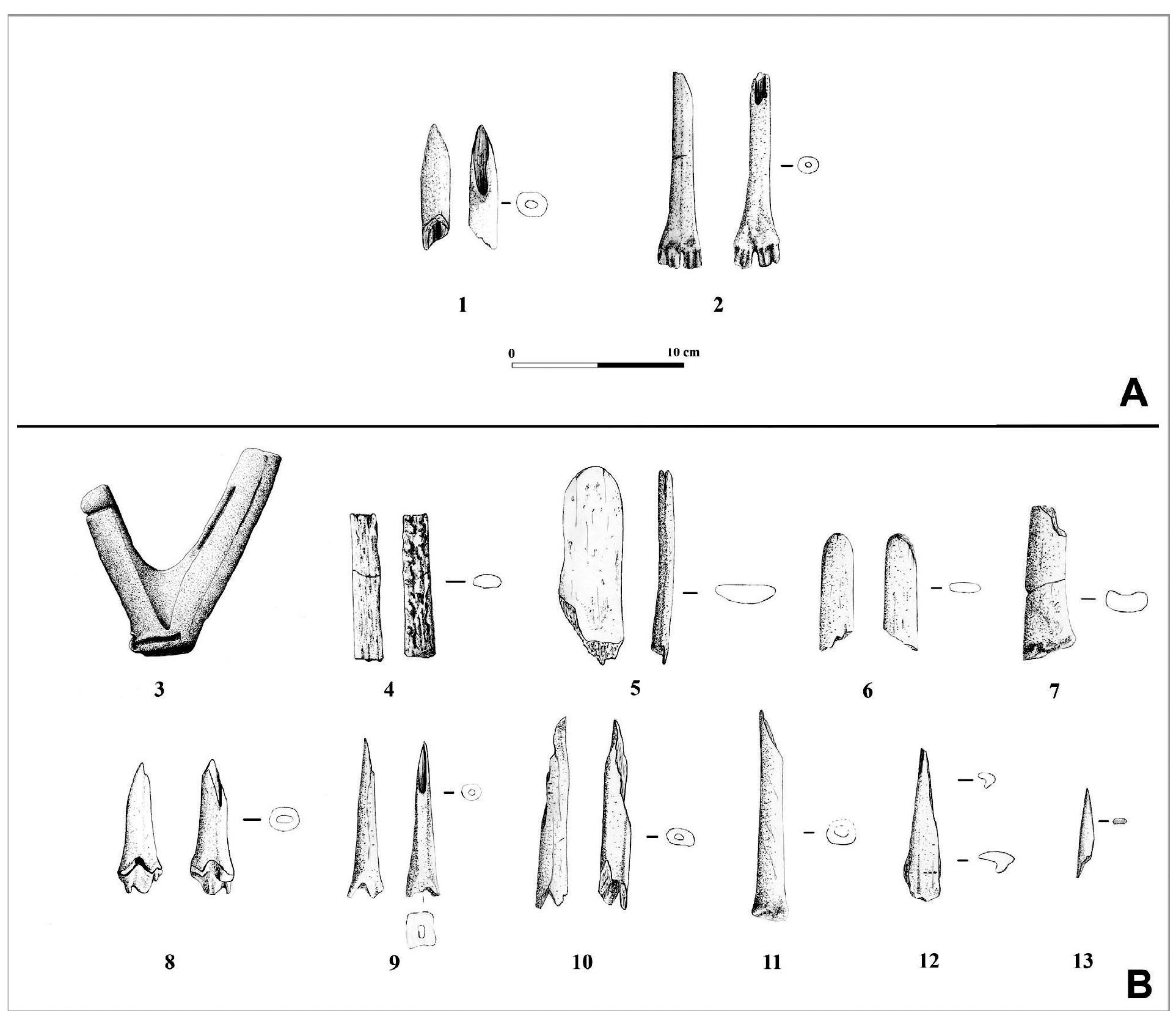 Figure 5. A: Bone tools recovered from Hut 1: A-1: Awl fragment made from an ovicaprid tibia shaft. A-2.: awl made from a sheep metatarsus. B: Bone tools recovered from Hut 2: B-3: antler used as a handle revealing several saw marks on the shaft and tine (drawing from . B-4: antler rod with old fractures on both ends B-s5, 6: Spatulae made from a rib shaft of cattle and smaller herbivore. B-7: Chisel made from long bone fragment of a large herbivore. B-8, 9: awls made from distal shaft of tibia of ovicaprids. B-10: Ovicaprid radius with a pointed polished end. B-11: Spatula on sheep metacarpus. B-12, 13: Pointed bone fragments of medium size mammals. (Illustration 3 by Gestion del Patrimonio Cultural, S.L.; Illustrations 1, 2, 4-13 by Asuncién Almela)