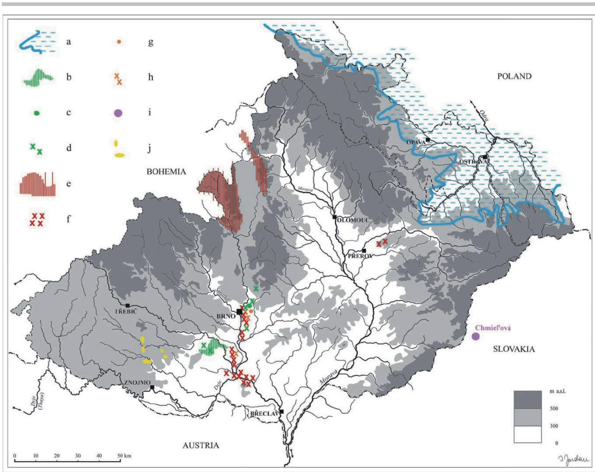 Figure 1. Main sources of lithic raw material utilized in prehistoric Moravia: a — limits of the continental glaciacion with occurrences of silicites from glacial sediments; b — main source area of cherts of the Krumlovsky les type, varieties KL I and KL II); c — source area of cherts of the Krumlovsky les type, variety KL III; d- chert breccias; e — primary deposits of Cretaceous spongolites; f—- Cretaceous spongolites from gravels; g — cherts of the Stranska skala type; h- Moravian Jurassic cherts from gravels; i- the Chmelova Mt. (925 m a.s.1.) near VrSatec (Slovakia) with radiolarite deposits; j — main sources of siliceous weathering products of serpentinites (after Prichystal et a/. 2004)