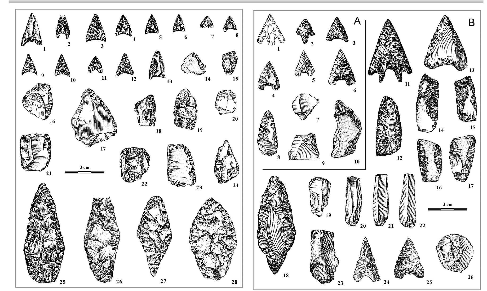 Figure 4. Lithic industry of the Moravian Bell Beaker culture. A- “old” MBBC: 1 - Borkovany, okres Bieclav; 2, 3 - Prosiméfice, okres Znojmo; 4-8 — HoleSoy, okres Kroméiiz; 9, 10 — Ivanovice na Hané, okres Vyskov. B - “young” MBBC: 11-17 — Marefy, okres VySkov; 18 - Klenovice na Hané, okres Prostejov; 19 — Brno-Holasky I, okres Brno-mésto; 20-22 — Détkovice, okres VySkov; 23-25 — Stielice II, okres Znojmo; 26 — Brno-Obiany, okres Brno-mésto (after Kopacz, Piichystal, Sebela 2009) Figure 5. Lithic Industry of the Moravian Proto-Unétice culture: 1 - Blu¢ina, okres Brno-venkov; 2, 15 — Sardicky, okres VySkov; 3-6 — Rybniki, okres Znojmo; 7, 18, 22, 24, 27 - Moravska Nova Ves-Hrusky, okres Bieclav; 8, 18, 25, 26 — Pavlov, okres Bieclav; 9, 10, 17 - Ledce, okres Brno-venkov; II-14, 16, 20, 21 — Bediichovice, okres Brno-venkov; 23 — Slapanice, okres Brno-venkov; 28 - Bozice, okres Znojmo (after Kopacz, Sebela 1998)