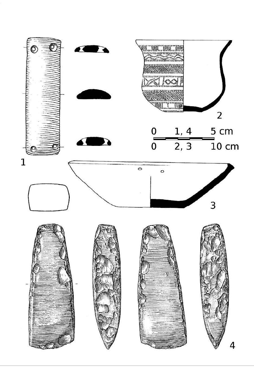 Figure 2. Kolin (district of Kolin): Finds 1-4 from grave no. 14. Bell Beaker culture. Drawn by J. Brenner. . Jar. Height — 60 mm. Inventory no. 7104. Fig. 3: 1.