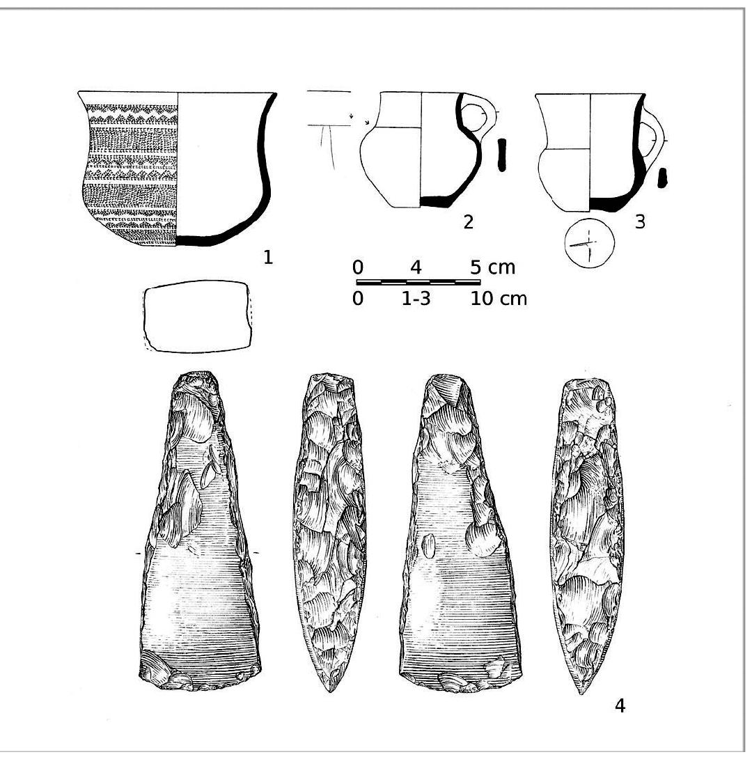 Figure 1. Kolin (district of Kolin): Finds 1-4 from grave no. 12. Bell Beaker culture. Drawn by J. Brenner.