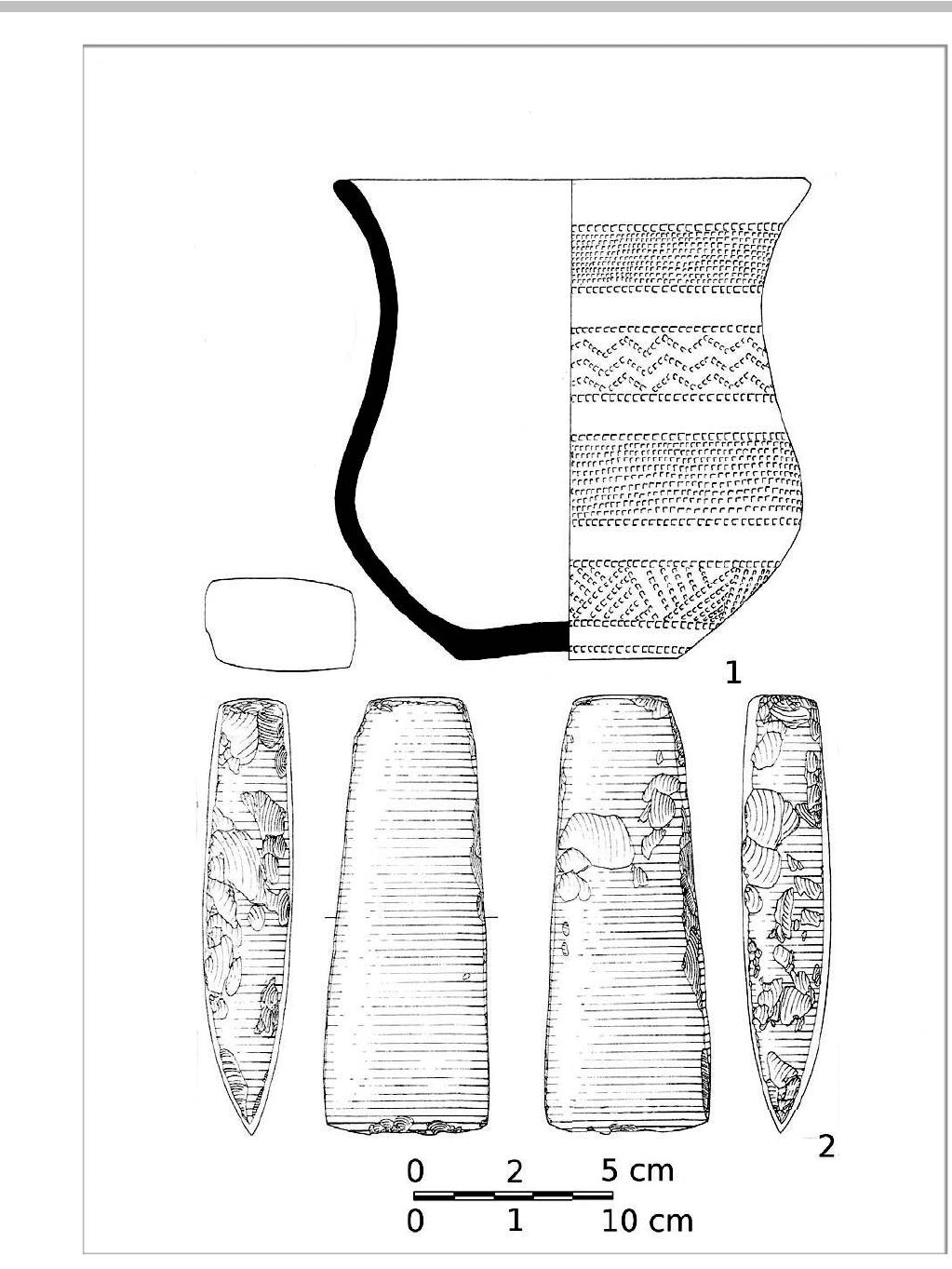 Figure 4. Slatiny (istrict of Jicin): Finds 1-2 from a grave probably of the Bell Beaker culture. Drawn by J. Brenner.