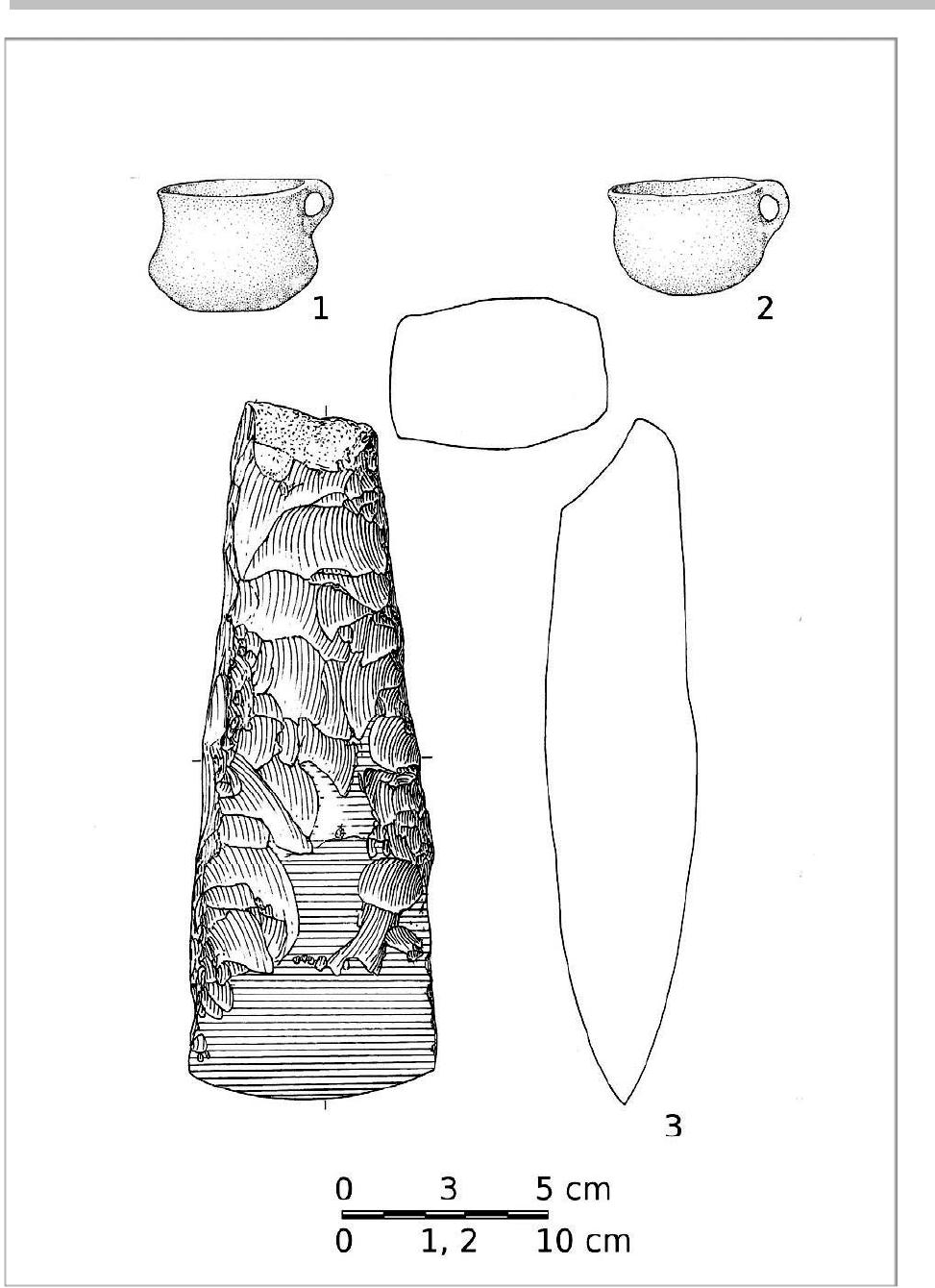 Figure 3. Kutna Hora (district of Kutna Hora): Finds 1 - 3 from a grave of the Bell Beaker culture. Drawing by J. Brenner (the pottery is redrawn according to photographic documentation in a paper of Stocky 1926)