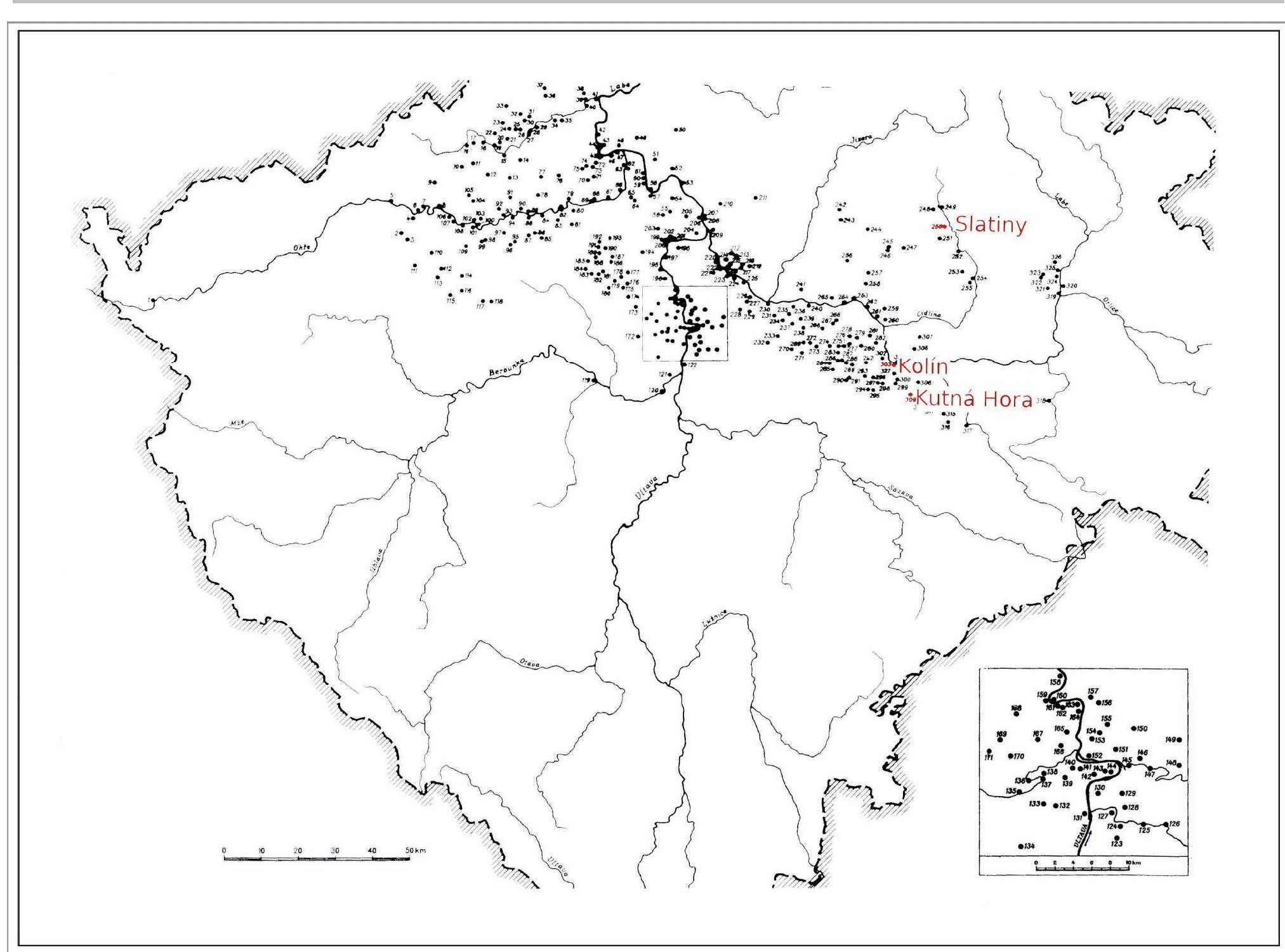 Figure 9. Distribution of the Bell Beaker culture finds in Bohemia, in the western part of the Czech Republic (according to Hajek 1968). Red dots show locations with finds of silicite axes (compiled by P. Jansa)
