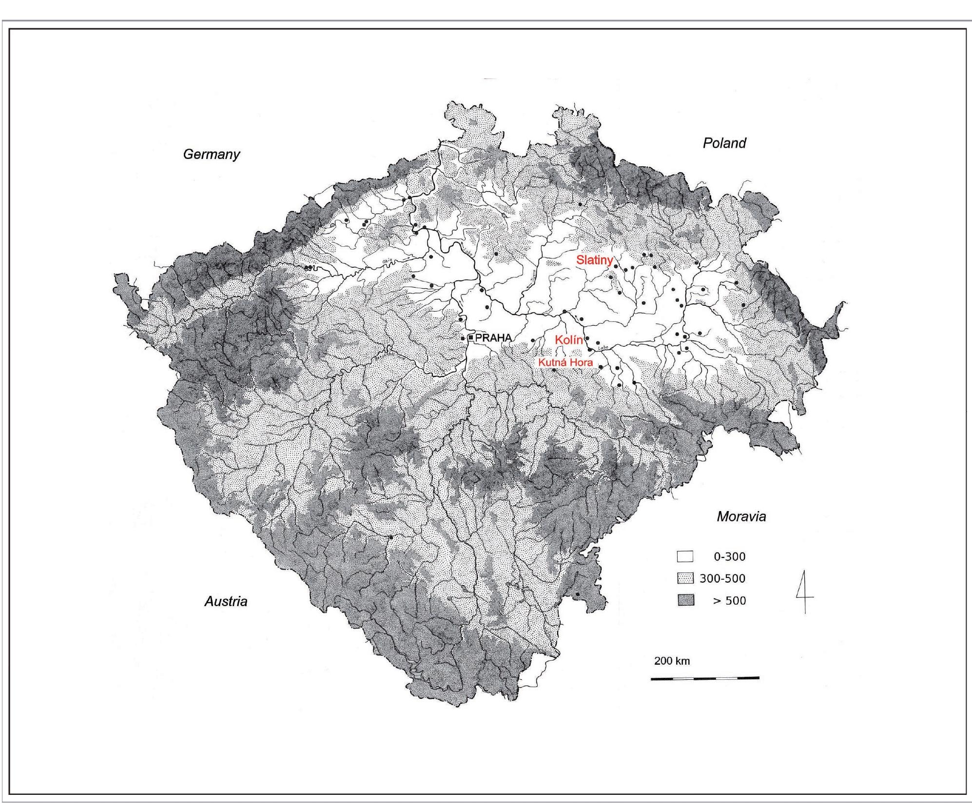 Figure ro. Distribution of silicite axes in Bohemia, in the western part of the Czech Republic. Red dots show finds of the axes in graves of the Bell Beaker culture (compiled by P. Jansa)