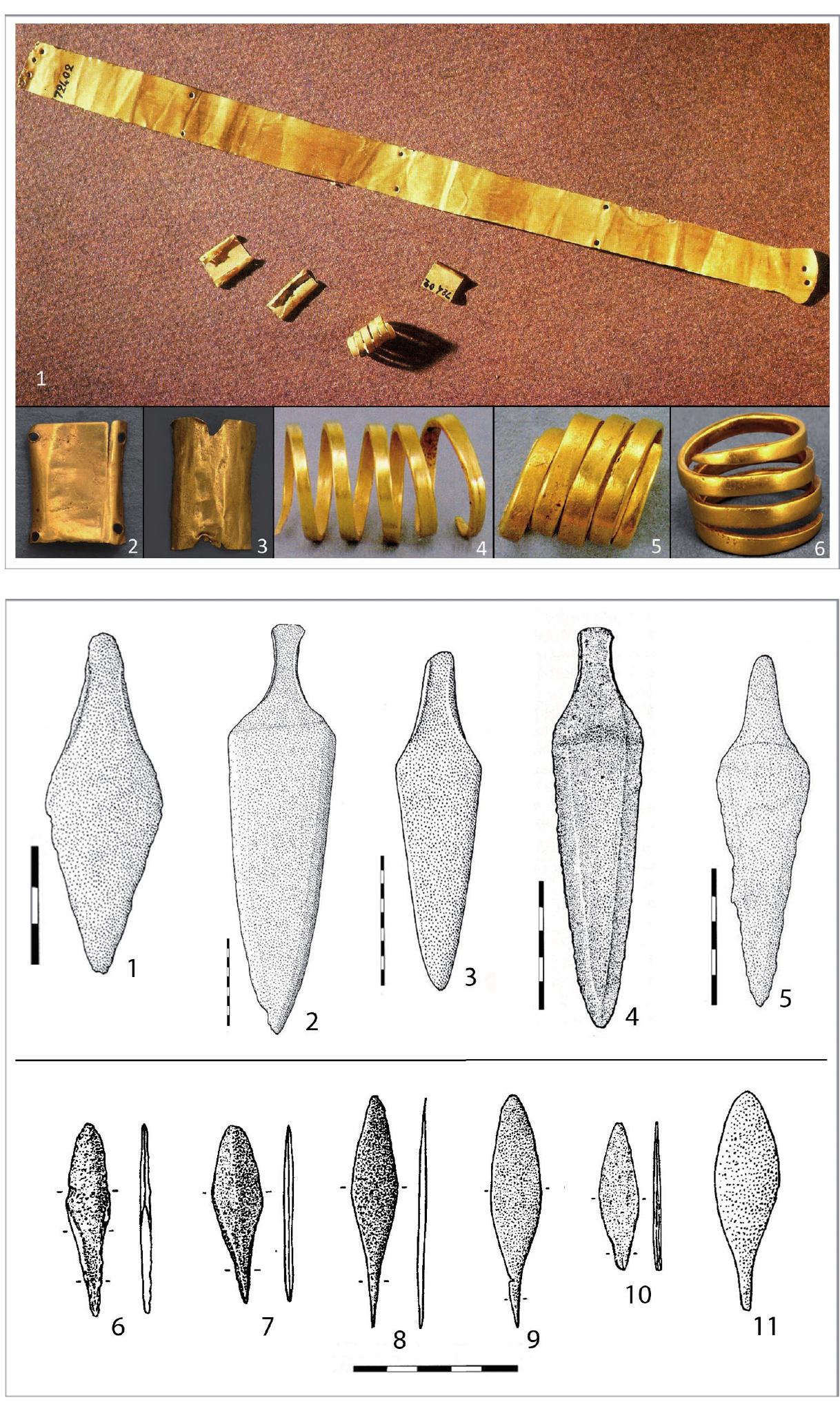 spiral, and few beads. Comparisons are numerous with (rectangular, perforated or not), thick wires rolled in (fig. 3 n°4, 5 and 6). edges), but we also find some little hammered sheets