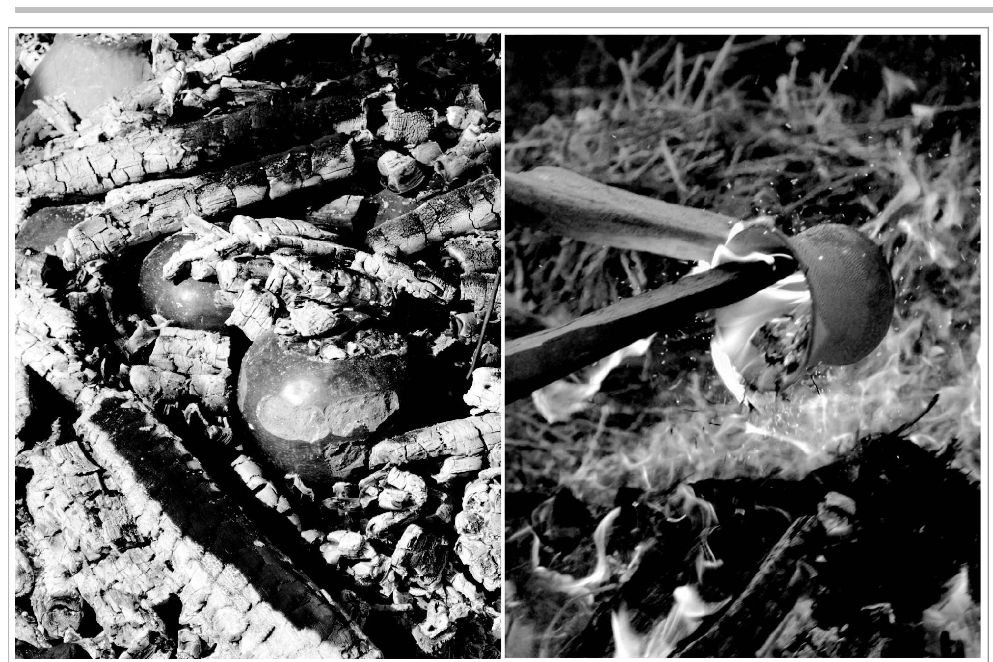 Figure 10. Two different terminations of the firing in open hearth - first: the vessels rest in the hearth until the decrease of the temperature, the second: removing of the vessels on the maximal temperature (photos Richard Ther)