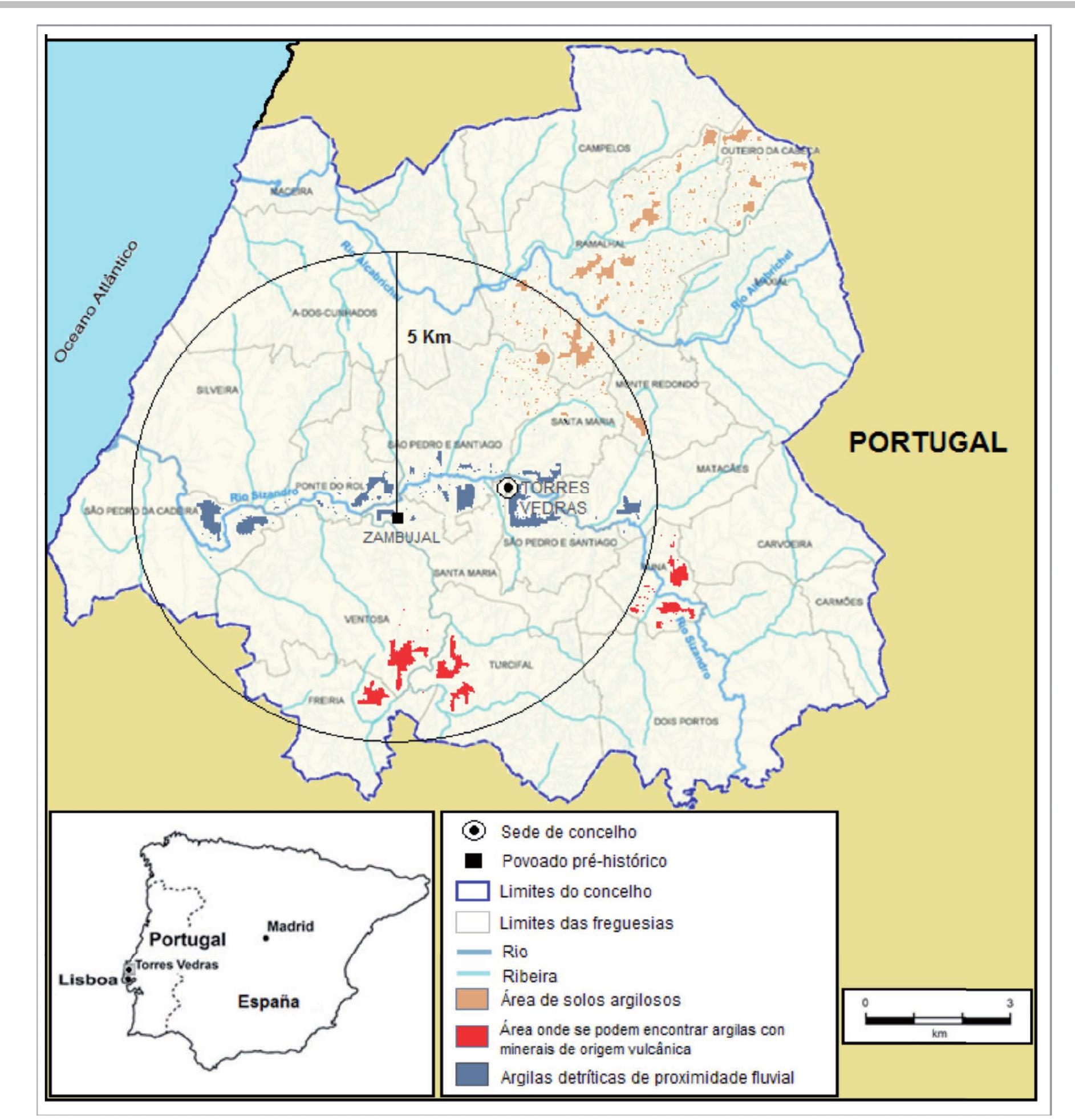 Figure 8.Main sources of clay in the local council of Torres Vedras and in the area near to the site of Zambujal (adapted from the Municipal Map of Natural Resources of Torres Vedras, and maps of water and geological resources)