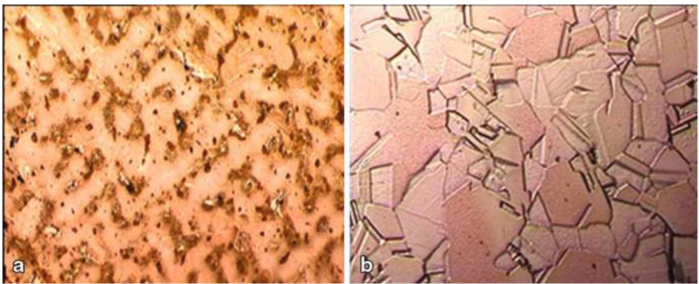 Fig. 8.28 a Photomicrograph of a cast 6 % Sn bronze showing dendritic microstructure (Wang and Ottaway 2004, Fig. 3.12). bA 6 % Sn bronze cold worked and annealed showing a fully recrystallised structure and annealing twins. (Wang and Ottaway 2004, Fig. 7.5b) 