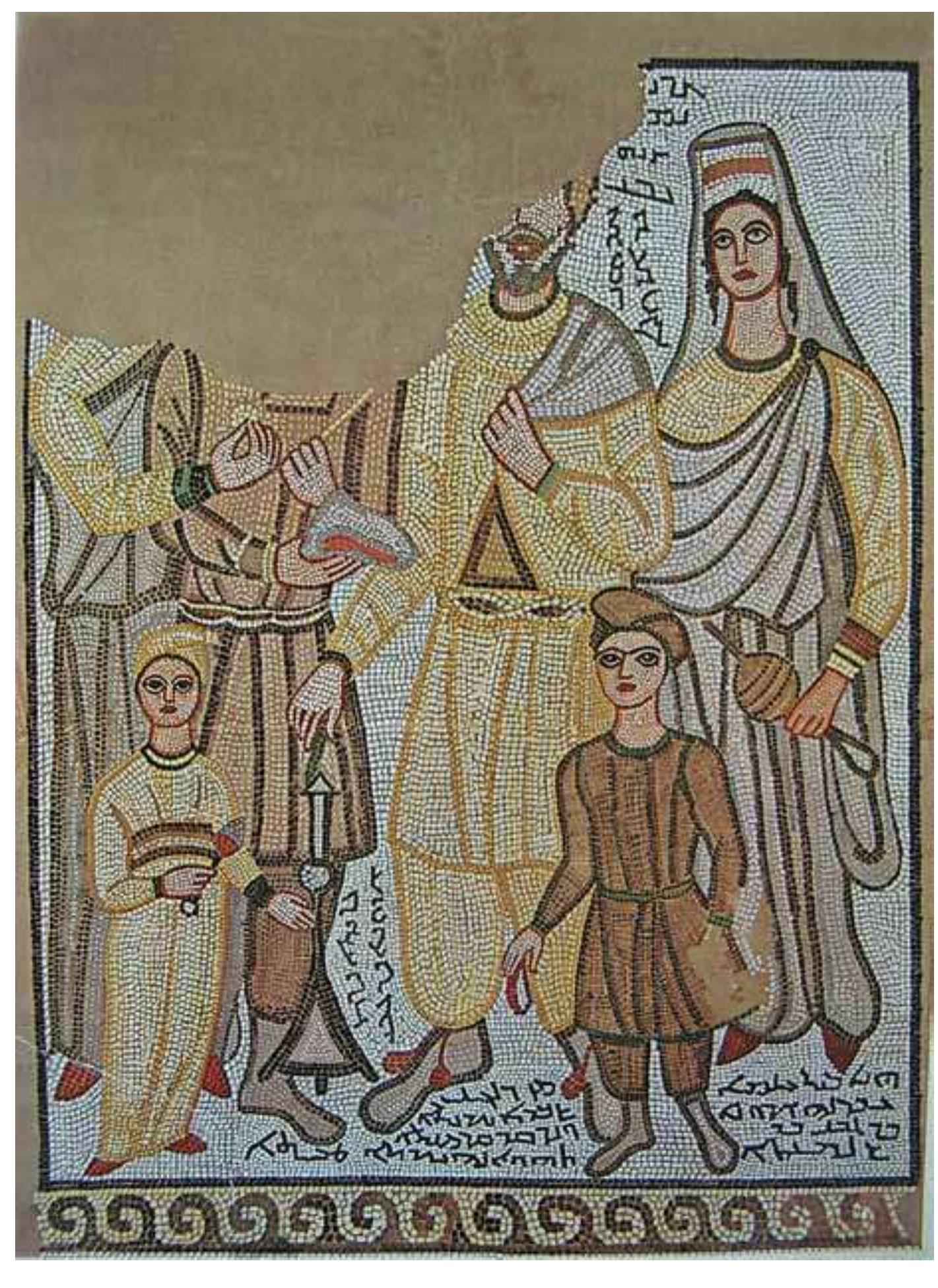 were depicted. Within the scene, the deceased (named Zaydallat according to the inscription) reclines on his side on a kline or sofa. He is holding a wine glass and resting his arm on a pillow comfortably. At the same time he is leaning his back against a cushion. Right next to him is his wife with her high headscarf shown in arespectful pose. Between him and her wife are a little girl with a headscarf, and on the left three boys serving him and finally two boys portrayed as busts (Fig. 7) (Balty 1981: 388, fig. 23; Balty 1995: 15, fig. 5,2; Colledge 1994: 191-192, fig. Drijvers and Healey 1999: 180-183, fig. 54; Dunbabin 1999: fig. 183; Leroy 1961: 165-169; Parlasca 1984: 227-229, fig. 1-2; Segal 1959: 155-157, fig. 3; Segal 2002: 93, fig. 2). 