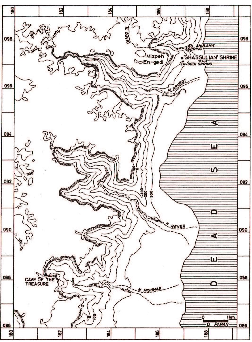 Figure 1. The region of Ein Gedi, courtesy of the Israel Exploration Society, Jerusalem.  the north of Ein Gedi. The sole route leading to Ein Gedi was a dirt road extending from Sodom to Masada and then Ein Gedi, and hence the oasis was a remote and isolated place located in the extreme edge of the State of Israel. The number of visitors to Ein Gedi was very small. The settlement consisted of a small kibbutz and a modest youth hostel where our expedition stayed. 