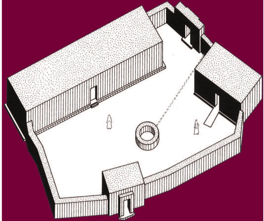 raised threshold contained a stone socket for securing the hinge of a wooden door. A semi-circular altar was situated opposite the entrance, its edges demarcated by a line of stone blocks with a flat top (fig. 10). The altar was found filled with ashes, some animal bones, and a clay figurine of a bull laden with two churns (fig. 11). A large, round stone base, well dressed and made of hard limestone not available in the immediate vicinity of the 
