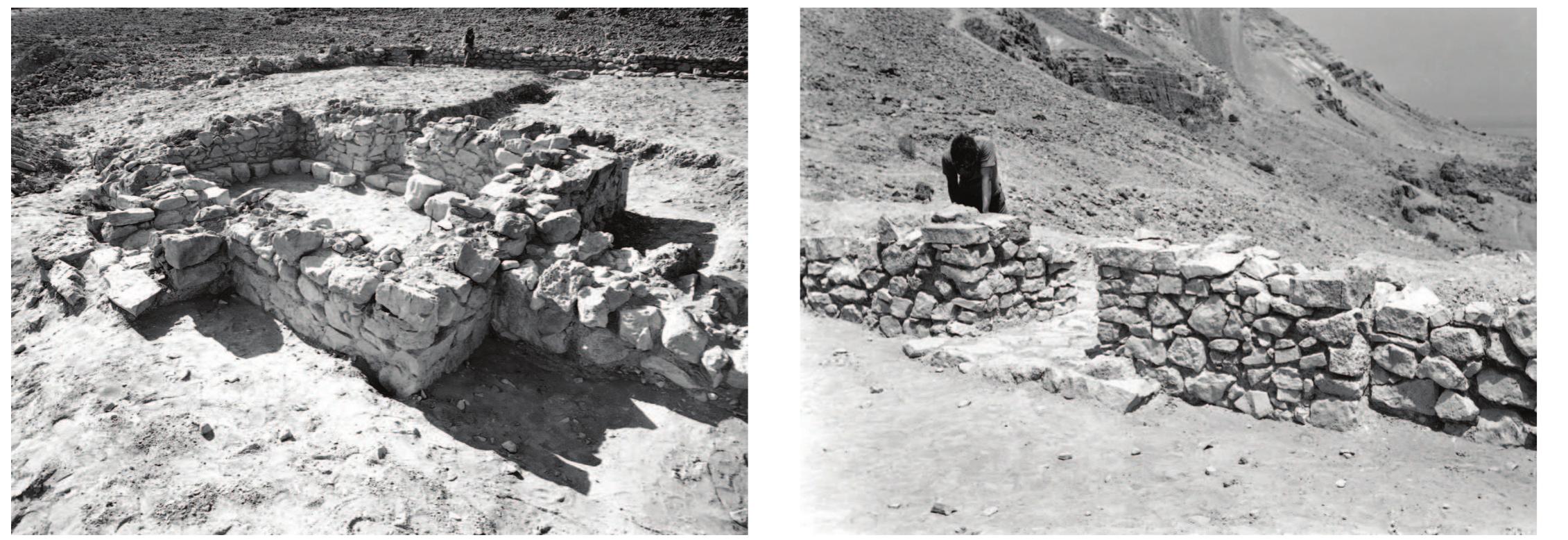Figure 7 (top left). The main gate to the temple, from southeast. Figure 8 (top right). The second gate to the temple, facing the direction of Nahal David. Figure 9 (bottom left). The sanctuary, from southeast. Figure 10 (bottom right). The altar, from southwest. Photographs by S. J. Schweig, courtesy of the Israel Exploration Society, Jerusalem.  