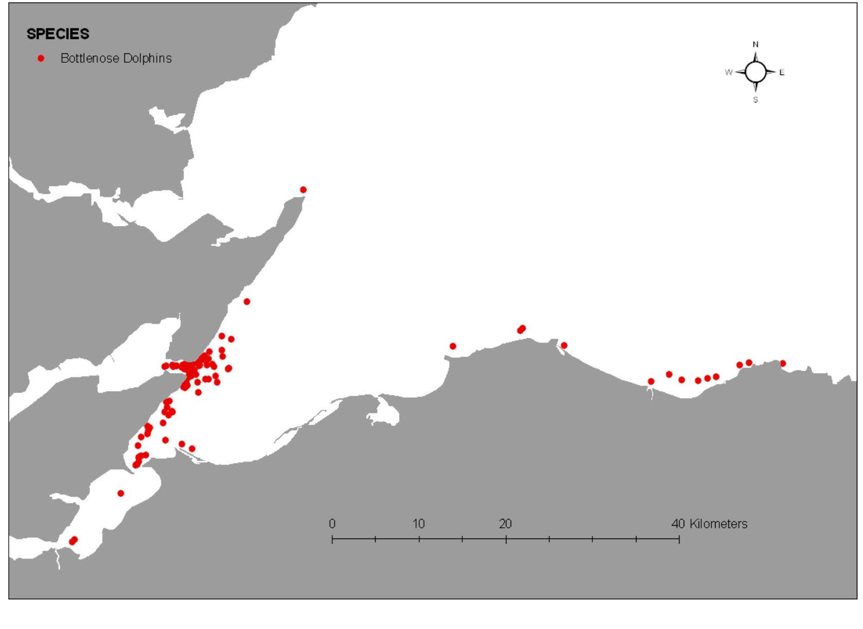 17. a map showing the location of all bottlenose dolphin