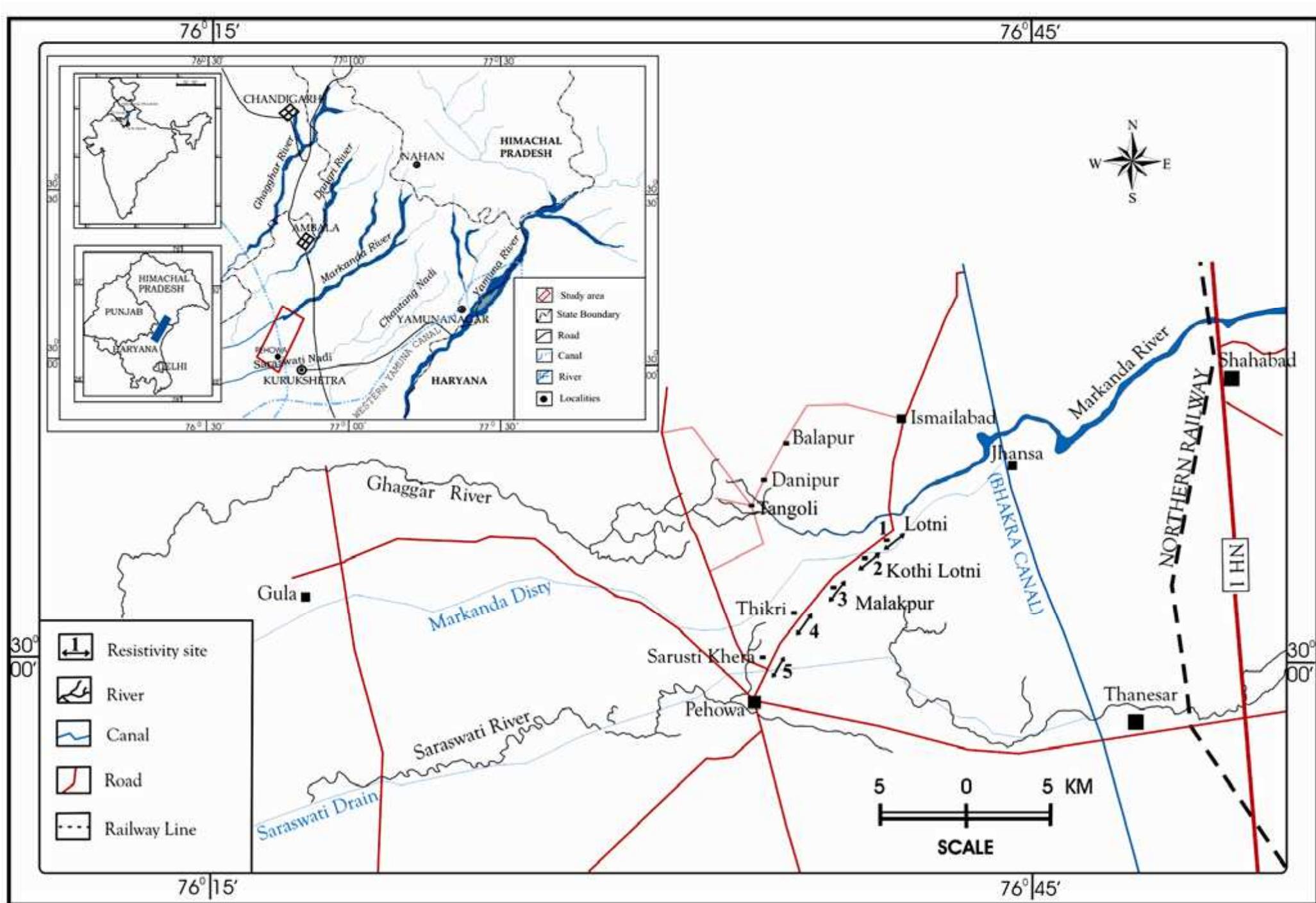 Figure 1. Map showing the study area. (Inset) The Markanda and surrounding river basins. 