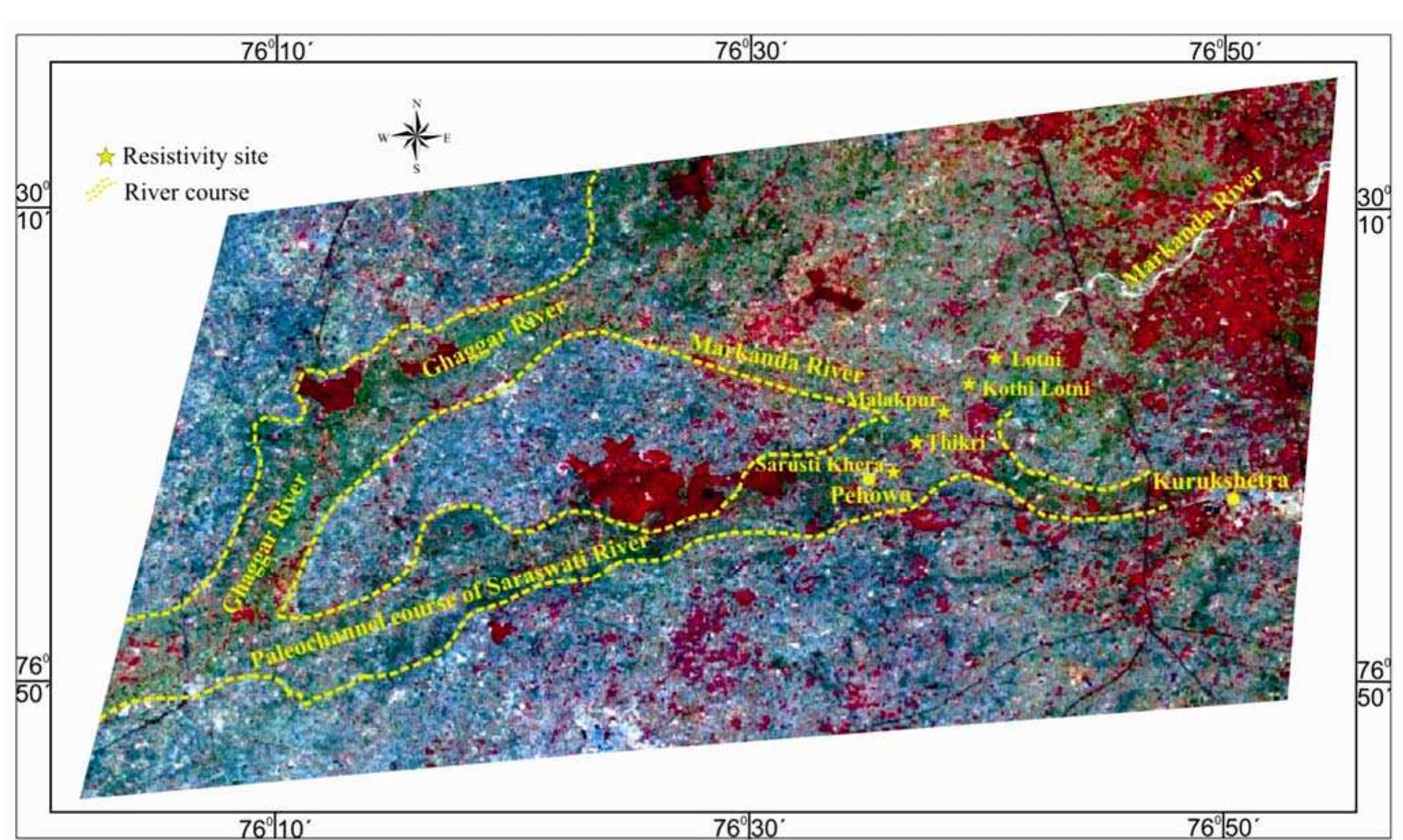 Figure 2. False colour composite of IRS 1D LISS IV image of lower portion of the Markanda river and palaeochannel course of the Vedic Sara- swati in the northern Haryana plains. 