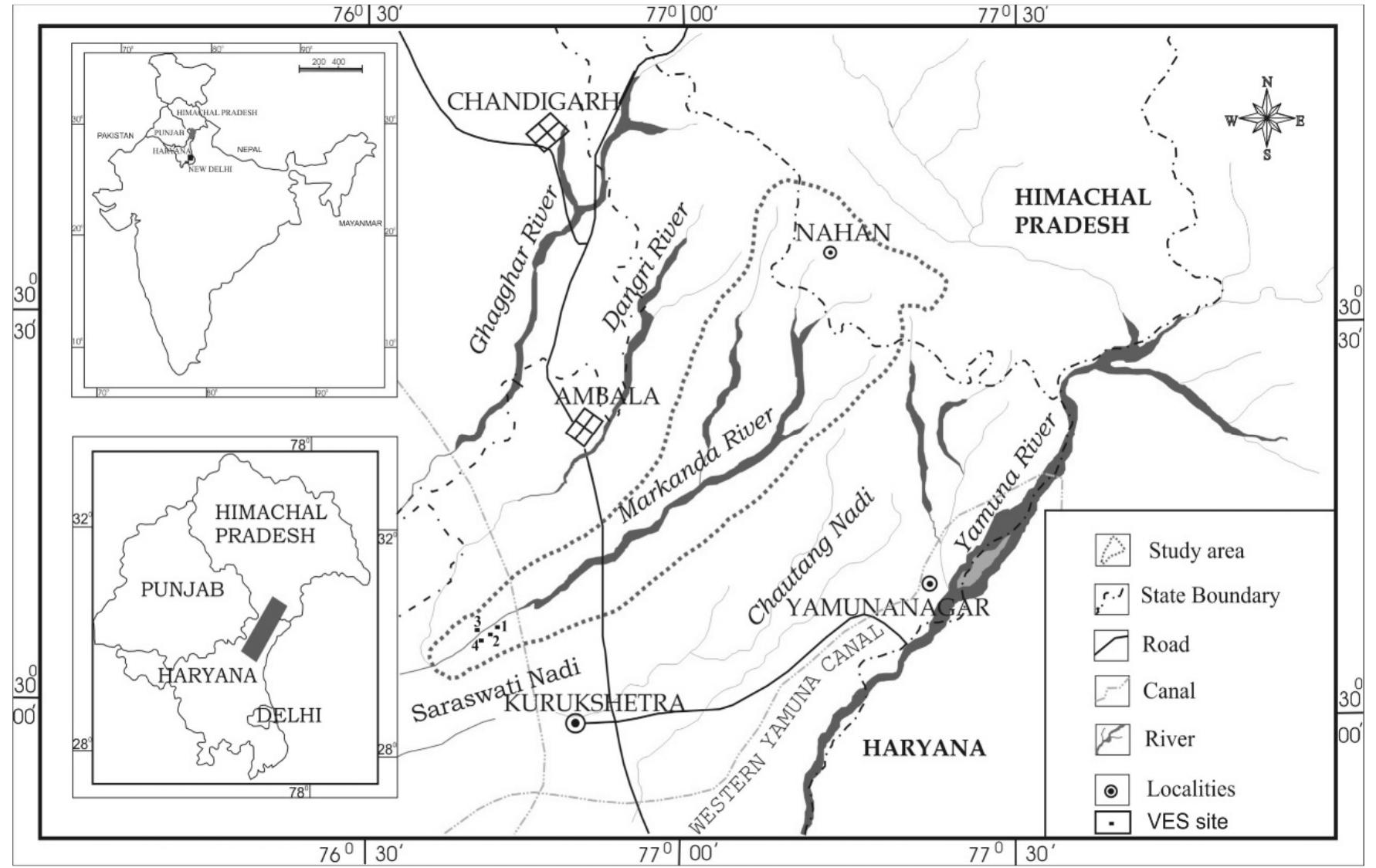 The Markanda river basin spreads between 30° 00’ and 30° 40’ North latitudes and 76° 32’ and 77° 24' East longitudes in the Siwalik foothills, NW India (Figure 1). The river originates from Nahan in the Siwalik hills of Himachal Pradesh and flows towards southwest in the Gangatic alluvial plains of Haryana. The basin covers an area of 1547 km”. The area falls under sub- tropical and semi arid region with the annual average rainfall of 1100 mm in the hilly region and 750 mm in the plain. The geological set up of the basin consists of sedimentary rocks of Tertiary to Quaternary alluvium deposits. Rocks belonging to Tertiary age occupy the northern part of the basin, while alluvium deposits of Quaternary age occupy the southern part.  Figure 1: Map showing the Markanda and its neighboring river basins in northwest India 