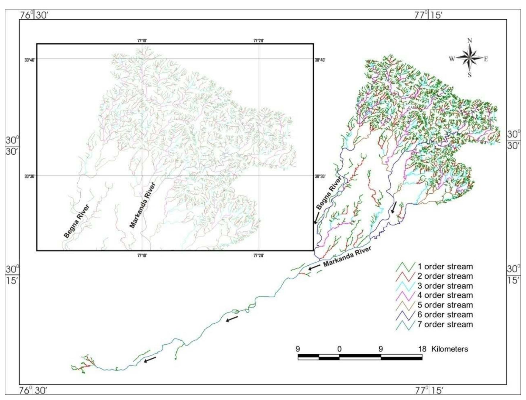 Based on the Strahler (1964) stream ordering technique, the Markanda basin belongs to 7" stream order basin (Figure 2). Out of total number of streams (2192), 1628 are 1* order stream, 425 are 2™ order stream, 101 are 3" order stream, 25 are 4" order stream, 9 are 5" order stream, 3 are 6" order stream and one in 7 order stream. It has been observed that streams belonging to 1°, 2", 3" and 4" order flow past the hilly terrain of Siwalik sandstones and shales which are characterized by steep slopes, while 5“, 6 and 7" order streams occupy the alluvial plain. 
