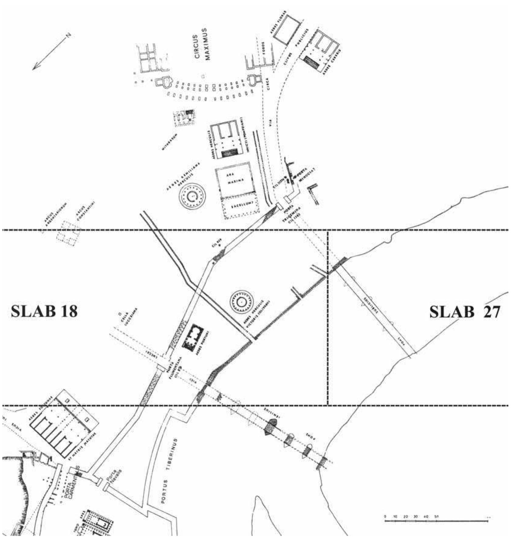 Fig. 1. Plan of the Forum Boarium with the edges of slabs 18 and 27 of the Forma Urbis (adapted from Coarelli 1980, 321). 