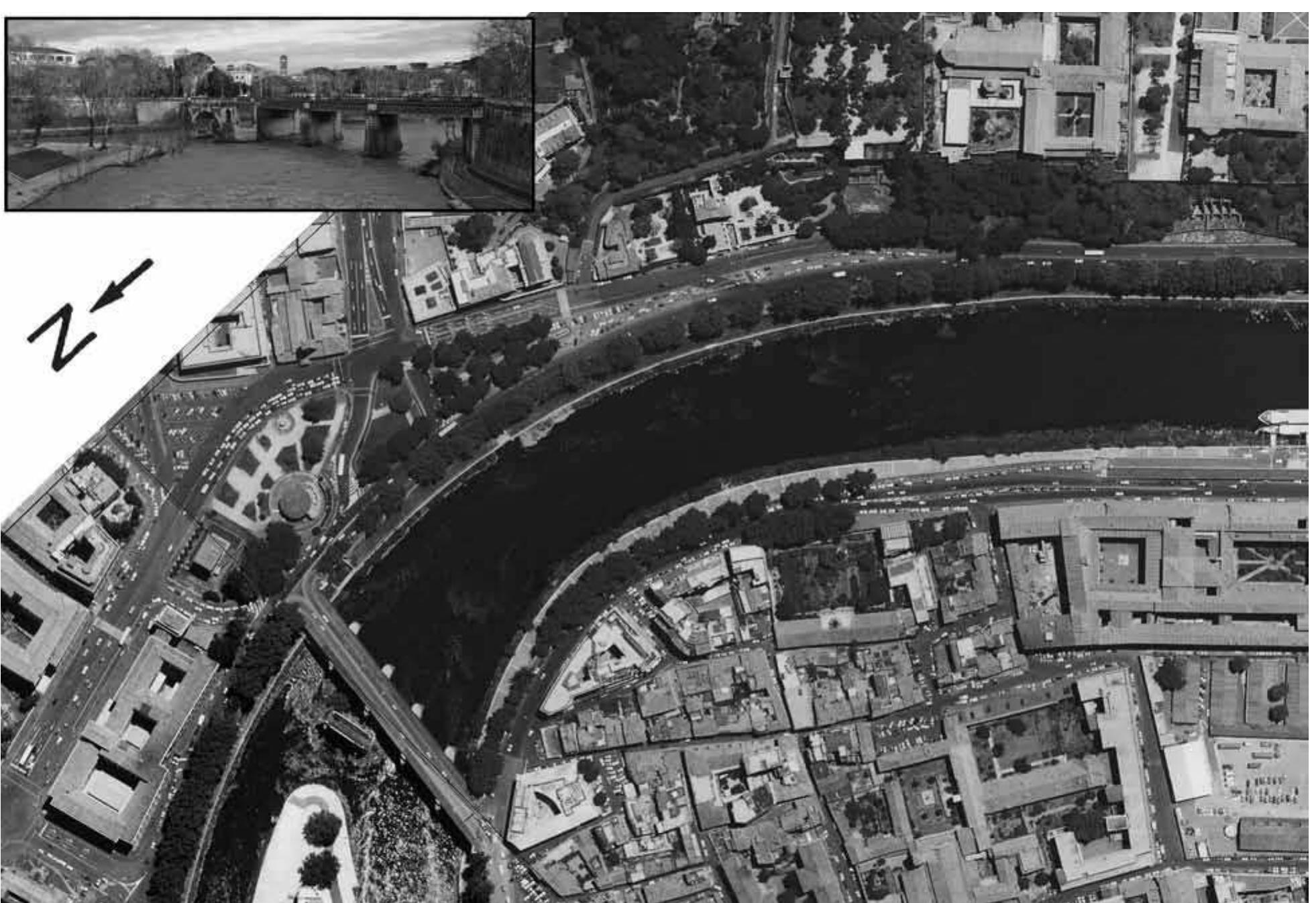 Fig. 3. Aerial view of the Tiber downstream of the Tiber Island (from Atlante di Roma). In the box, from left to right, the Tiber Island, the Ponte Rotto, and the Ponte Palatino (photo author 