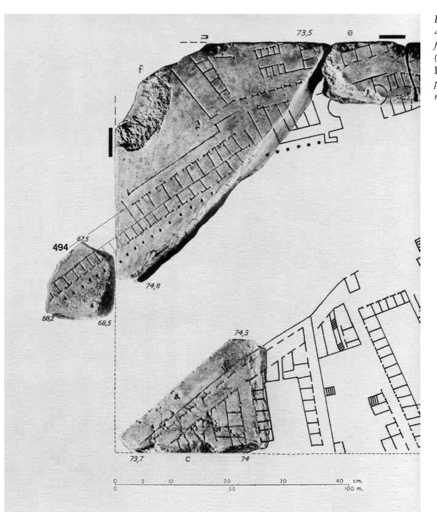 unknown, I had to examine each of the hundreds of fragments with unidentified topography. After a few minutes, however, I noticed that fragment 494, included in plate LI of the 1960 edition of the Marble Plan, matched the topography depicted on fragment 27f (fig. 5).*°  Wiarbie Flan, Matched the topograpny depicted on Iragment 2/1 (Wg. D).”  Fragment 494 belongs to one of the horizontal slabs in the sixth row from the bottom of the Marble Plan (fig. 6). This slab covered the area between the Roman Forum and the Forum Boarium, including the Velabrum and the underground route of the Cloaca Maxima. The Round Temple by the Tiber and the Temple of Portunus would have appeared on the right side of this slab (see fig. 2), as well as the southeast corner of the complex at Sant’? Omobono. The few surviving fragments of the left side of the same slab show the Basilica Julia and—only partially—the Temple of Castor and Pollux and the Temple of Saturn (fragments 18b—d). It is also likely that fragment 18e depicted the partial plan of the Temple of the Deified Augustus and the area of the so-called Grecostasis.  Fragment 494 belongs to one of the horizontal slabs in the sixth row from the bottom of the  would have been apparent that the colonnade could not turn inside the Tiber bed. Fragments 574a—b and 534a-b, which lidentified following the same “traditional” procedure, also escaped Stanford’s algorithm (cf. Tucci 2004; Tucci 2006).  46 Tt is not clear whether the Stanford team’s manual input is at fault here or whether the algorithm somehow failed in this case. The last column on fragment 27f might suggest a change of direction of the row of columns, but, seen in context, it 