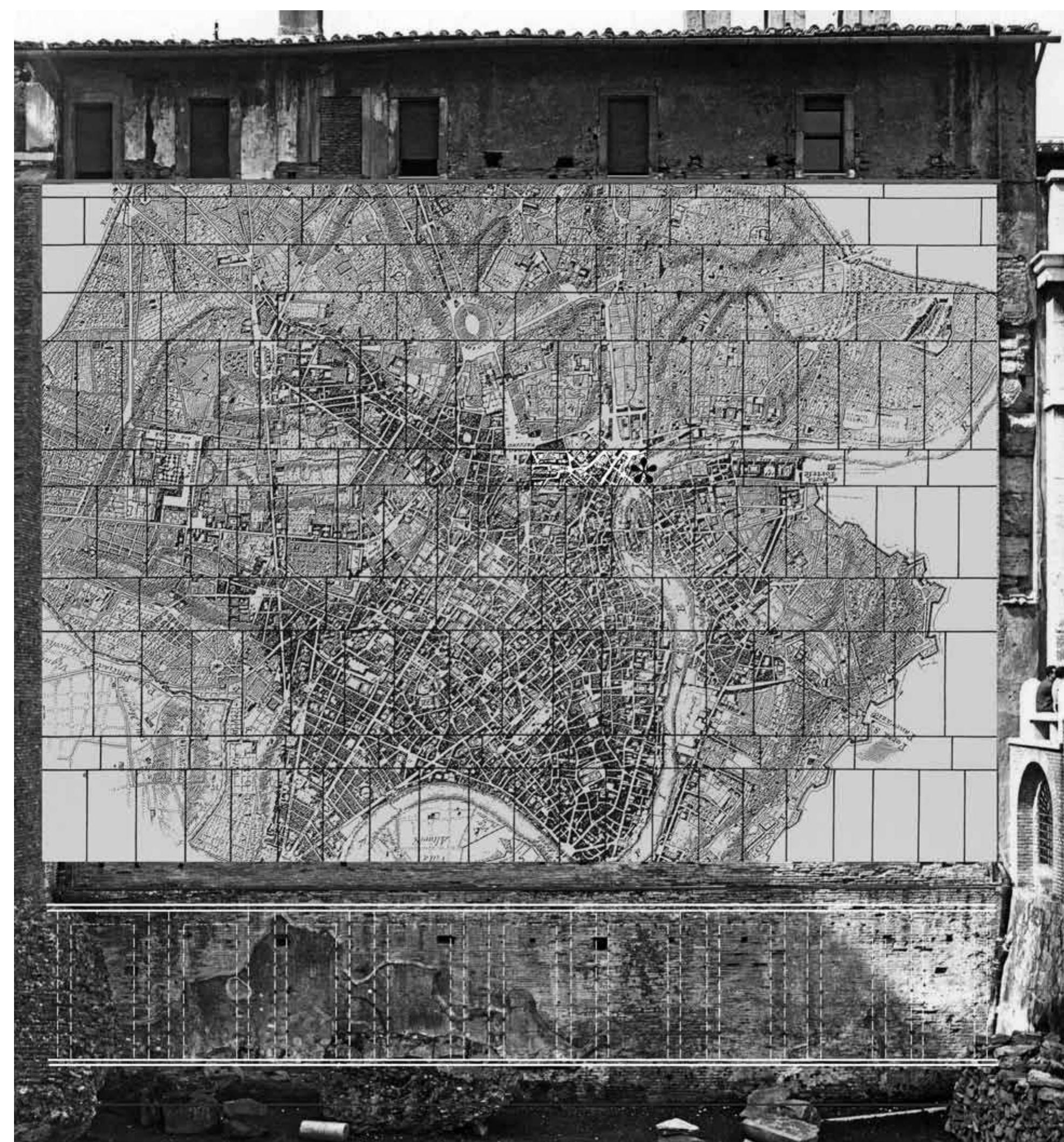 Fig. 6. Fragment 494 (asterisk) in the Severan Forma Urbis (photo and drawing author; the base is G. B. Nolli’s plan of Rome). 