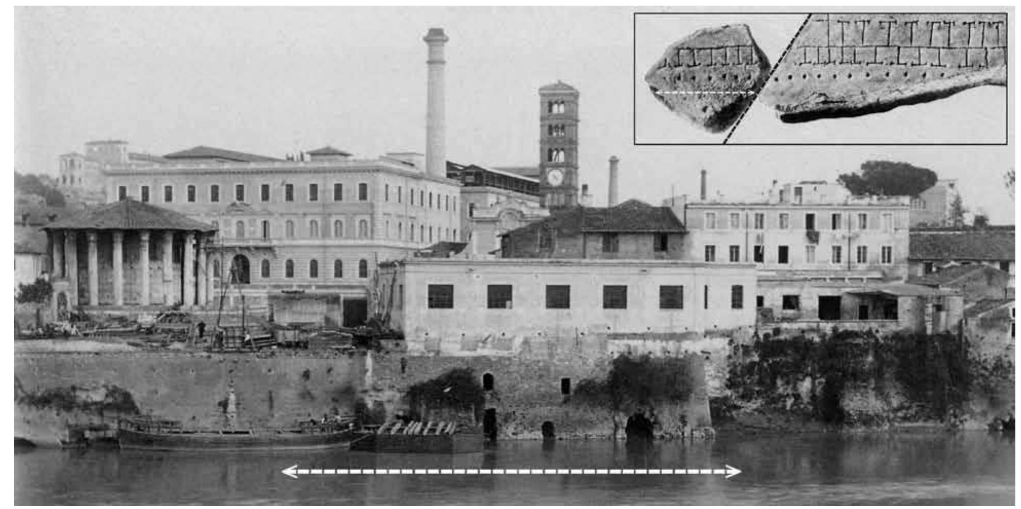 Fig. 7. Stretch of the left bank of the Tiber, with the indication of the riverfront corresponding to the portico depicted on fragment 494, in the box, fragment 494 joined to fragment 27f—a detail of fig. 5 (adapted from Brizzi 1989, 191). 