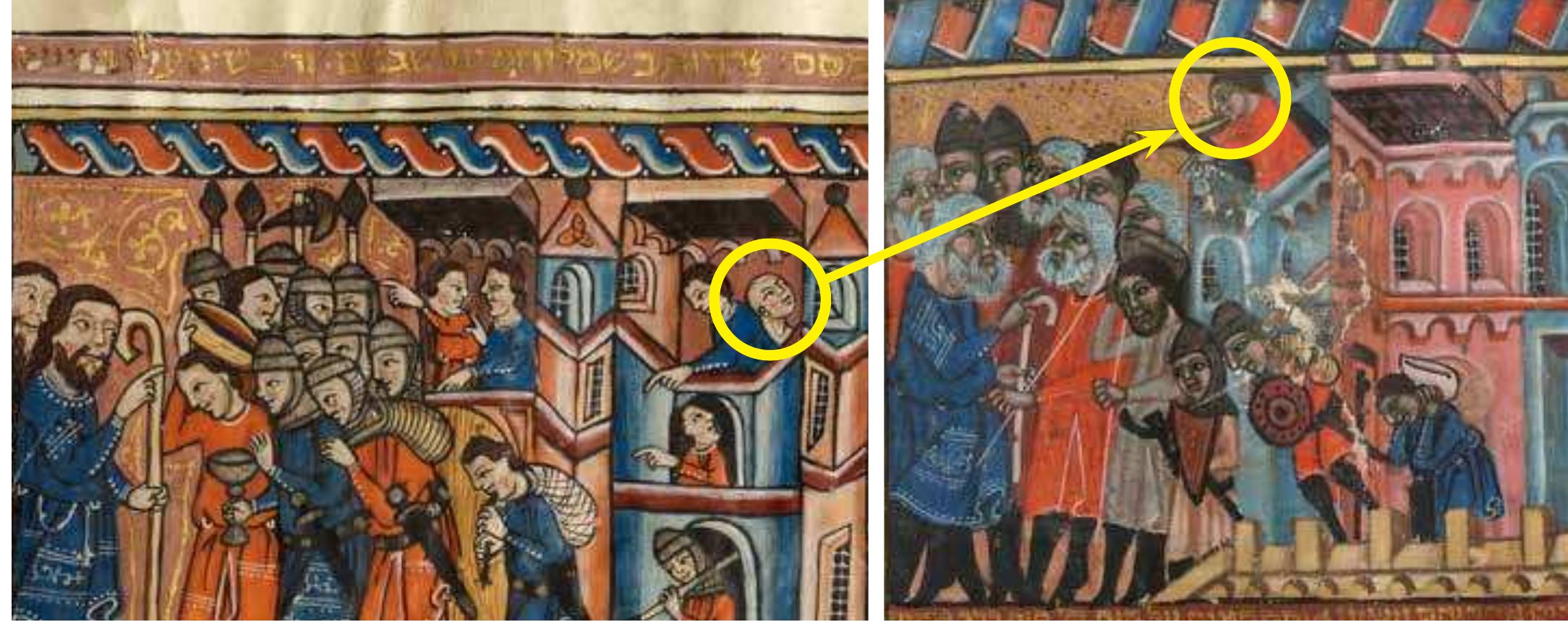 FrcureE 8. Comparison: Haggadah (‘Brother’), Catalonia, Spain, 14th century (London, British Library, Ms. Or. 1404, fol. 6”, detail). Haggadah (‘Rylands’), Catalonia, Spain, 14th century (Manchester, John Rylands Library, Hebrew Ms. 6, fol. 18%, detail).  Bald figure in later Ms. ‘looks back’ on the trumpeter in the earlier Ms.:  ing, but rather, towards the leftward facing trumpete1 from the earlier Brother Haggadah (Fig. 8).  The Rylands and Brother haggadot are two manu- scripts in a Hebrew linguistic context in which texts and images are read from right to left, with events in the narrative that are earlier in time appearing to the  right, and events later in time appearing on the left.  If one were to mirror the right-to-left narrative di- rectionality in arranging the two Exodus images in sequence of production history, one would place the image from the older manuscript (the Brother Hagga- dah) on the right, and the one from the newer manu- script (the Rylands Haggadah) on the left. When one does this, the distinctively bald, rightward-facing figure in the later Rylands Haggadah indisputably seems to be ‘looking back’ and looking upwards not towards noth- 