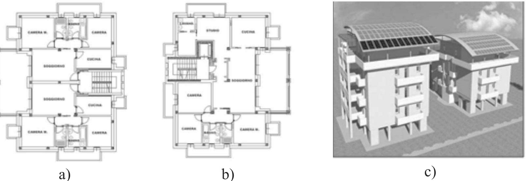 Typical floor plan a) lower building, b) higher building, c)