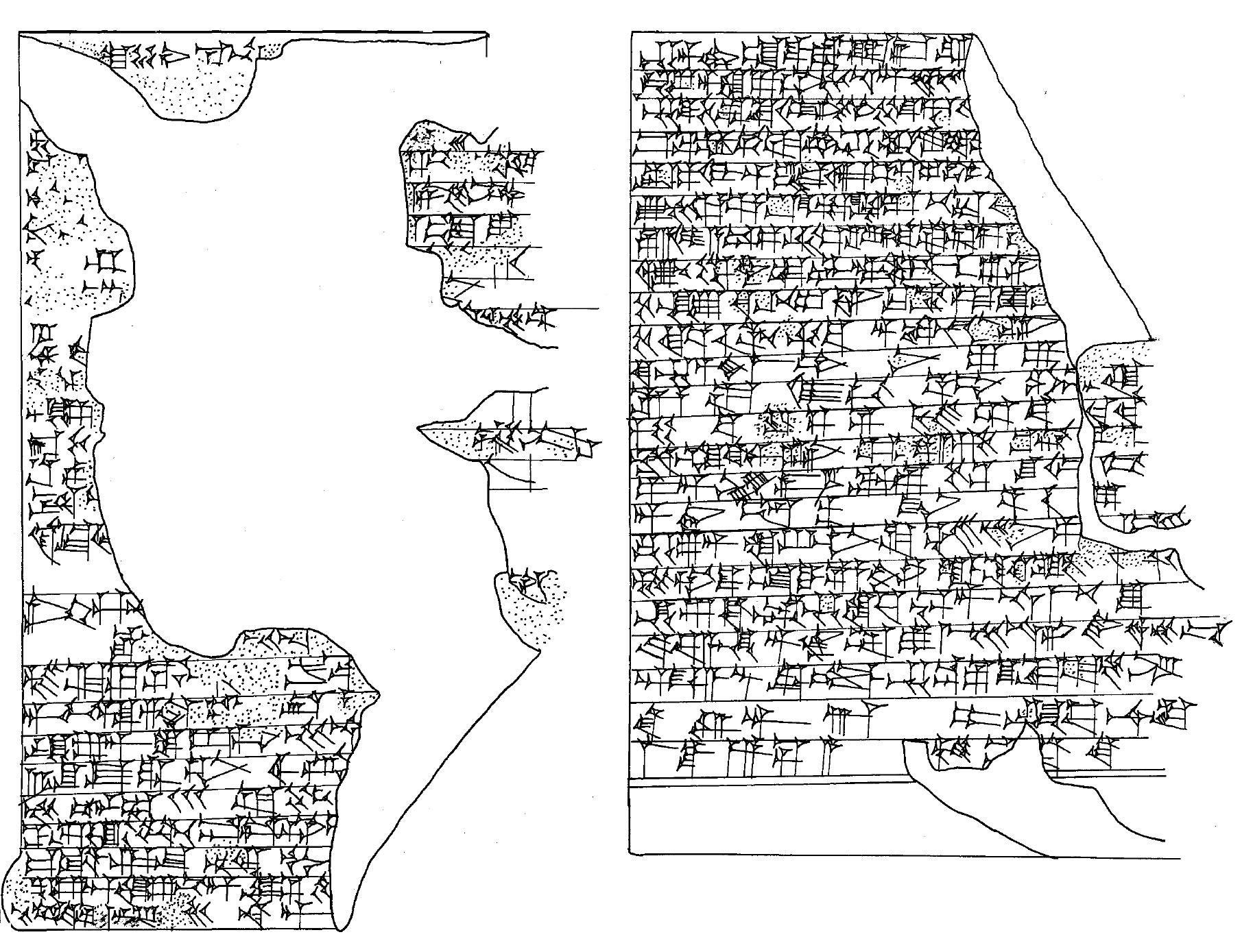 Figure 1: Ash 1911.235 obverse (left) and reverse (right); copy by Gabor Zoélyomi  Ni 9672 is a fragment of a one-column tablet, published in ISET 2, pl. 3. Its obverse duplicates Ash 1911.235 obv. 15-26 and its reverse duplicates rev. 5—17. It is very likely therefore that the original tablet of Ni 9672 contained the same compositions as the Ashmolean tablet.  Ash 1911.235 appears to be written by a scribe whose hand was poor. The tablet contains numerous badly formed signs; for example, the sign AMA in obv. 24, the fancy sign UNUxGAL in rev. |, the first sign of rev. 8, the use of the sign GUR for writing the verb lub in rev. 11, the writing of Nergal’s name in rev. 16, the writing of the word me with a LAL-like sign in rev. 11, 19, 20, and 23. Nergal’s name is written in three different ways on the reverse: KIS.UNU.GAL (rev. 1), KIS.ABxGAL.GAL’ (rev. 16)°, and KIS.ABxGAL (rev. 20). Especially towards the end of the reverse, sign forms become very irregular. The size of the signs is uneven: the tablet starts with relatively small signs on the reverse, which become quite large by the end of the tablet. The surface of the tablet is rather worn around the middle of the reverse, due to its convexity, making it very difficult to read at that point. 