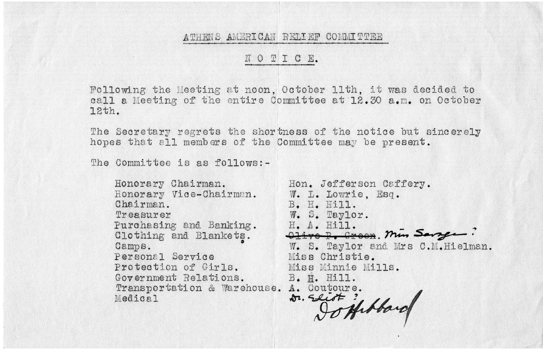 Figure 3. List of members of the  Athens American Relief Committee. Photo ASCSA Bert H. Hill Papers, Blegen Library Archives 