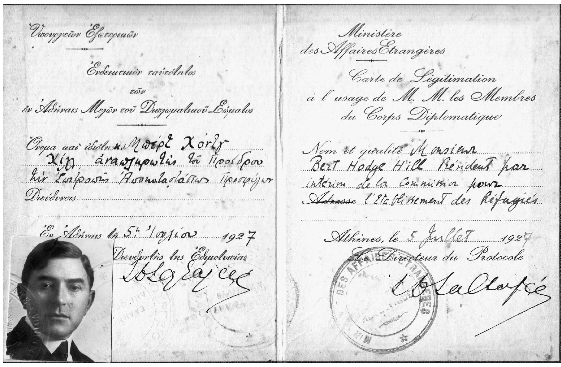 Figure 5. Hill’s identification card as chairman of the Refugee Settle-  ment Commission in 1927. Photo ASCSA Bert H. Hill Papers, Blegen Library Archives  Ref. Set. Com. but I am liking it first rate.”*’ As acting chairman of the commission, he participated with the other members of the council in several tours of inspection, visiting many refugee settlements in Macedonia and other parts of Greece.** 