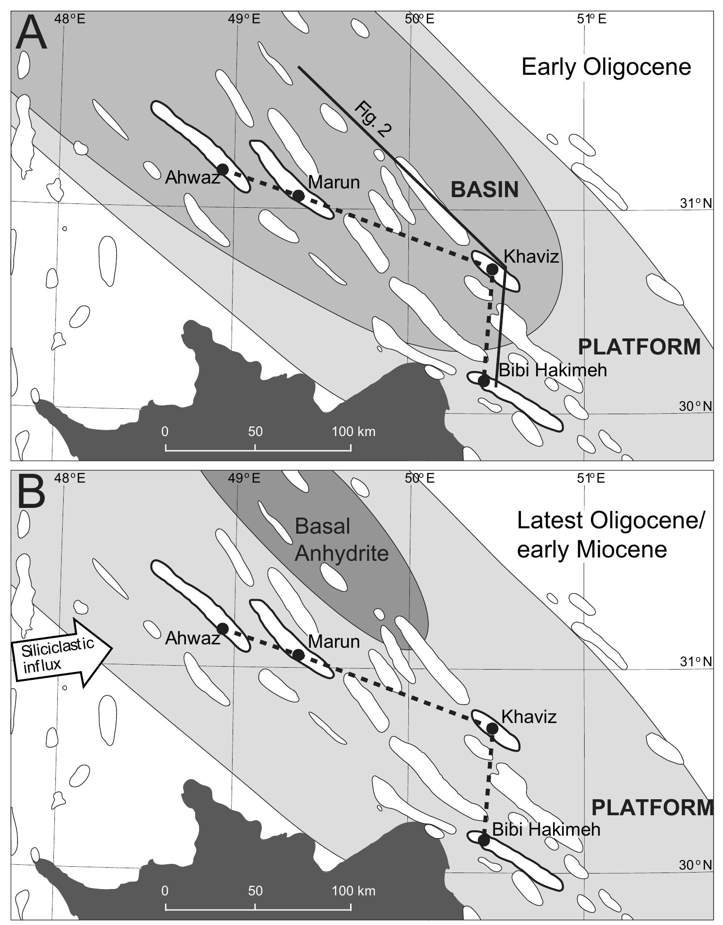 |. maps showing palaeogeography at two stages of asmari