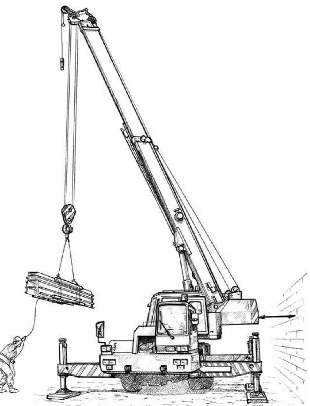 A mobile crane is supported on outriggers which are