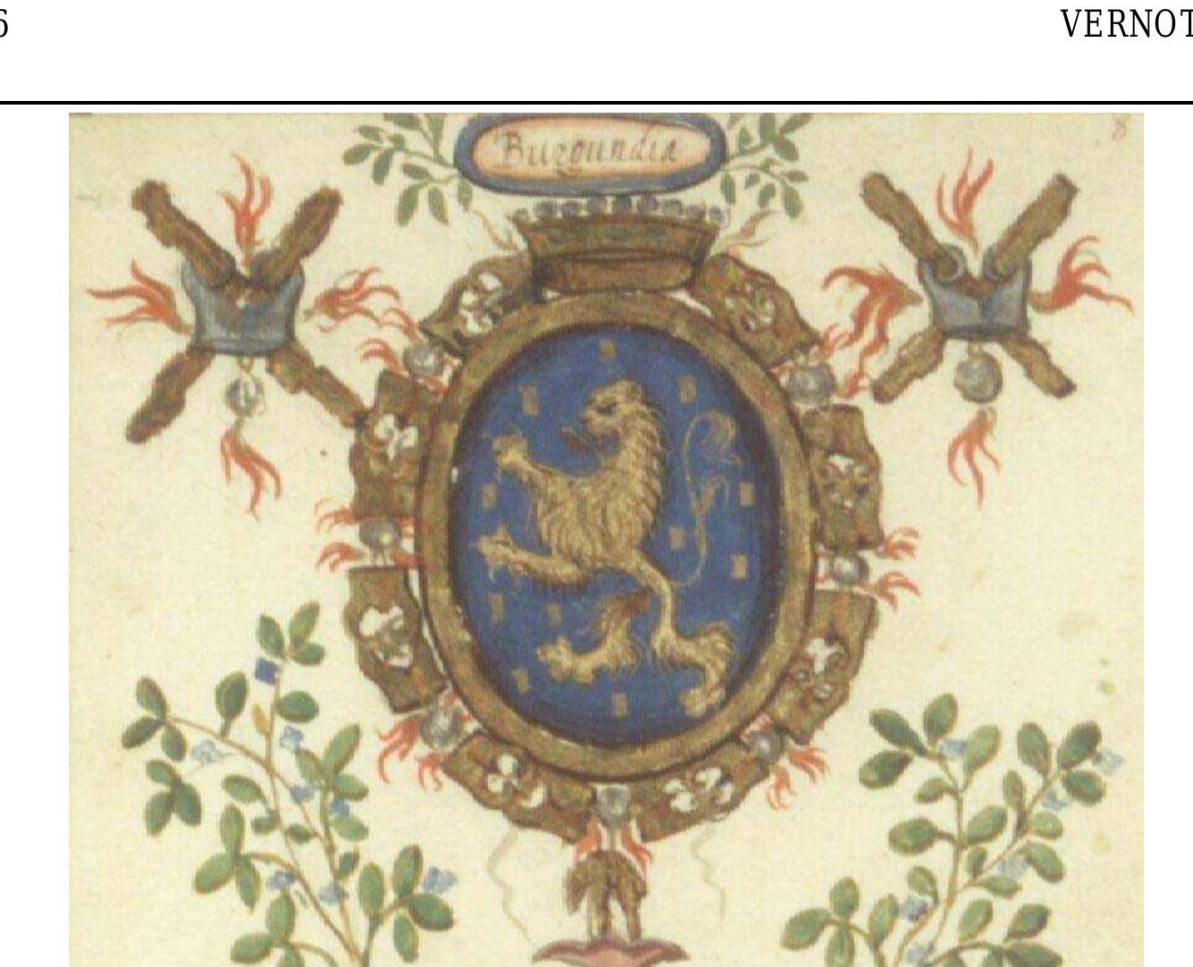 Figure 2. The Franche-Comté of Burgundy’s coat of arms, between two Burgundian crosses intertwined with iron steels, 1593 (photo Bibliotheque nationale, Ms fonds lat. 10974). 