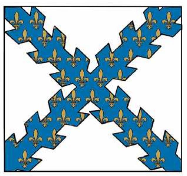 Figure 3. Régiment de Bourgogne’s  standard, first version (partially hypo- thetical restitution) (drawing by J ean- Paul Fernon).  the French king to consider that he could rightly claim the Burgundian cross as a legitimate share of his heritage. The creation of three specific Burgundian regiments in order to enlist supporters of the French cause gave him the opportunity to use the Saint Andrew’s cross for propaganda purposes. 