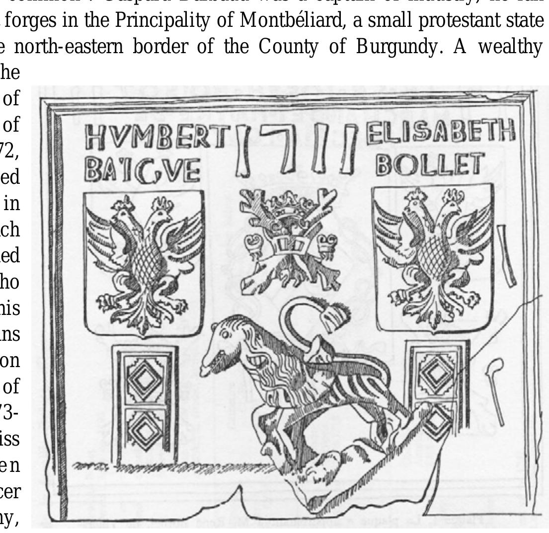Figure 17. Fireback associating the Burgundian cross, the Imperial eagles and the Comtois lion, from Joseph Boisot’s forge, 1711 (drawing by Jean Garneret).  2. The discrete pro-French supporter 
