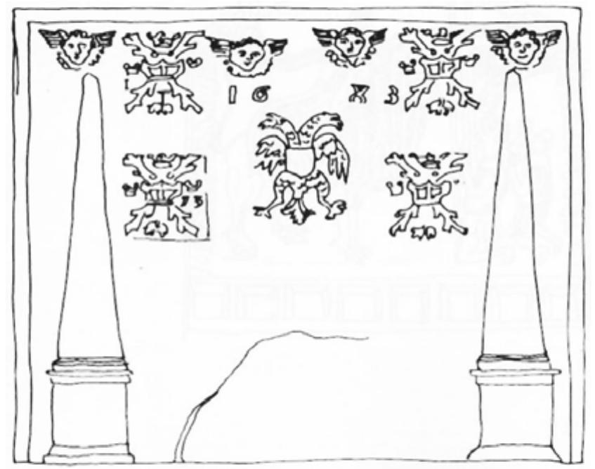 Figure 19. Fire-back associating Burgundian crosses and the Imperial eagle, non-located forge, 1683 (drawing by Bernard Guillaume). 