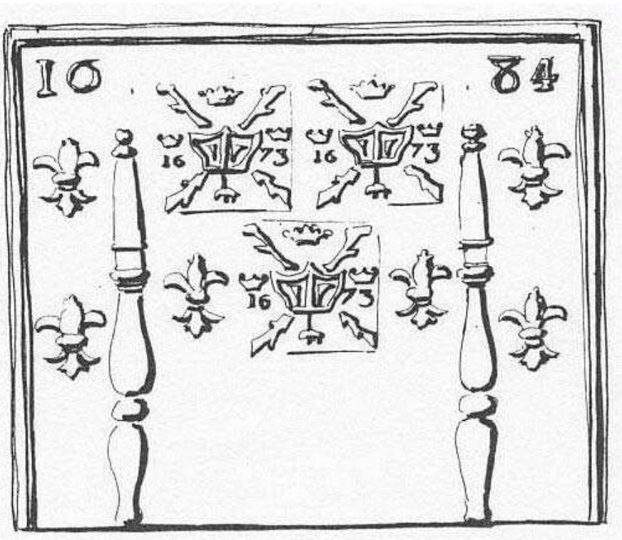 Figure 20. Fire-back associating Burgundian crosses and fleurs-de-lis, same non-located forge, 1684 (drawing by B. Guillaume). 