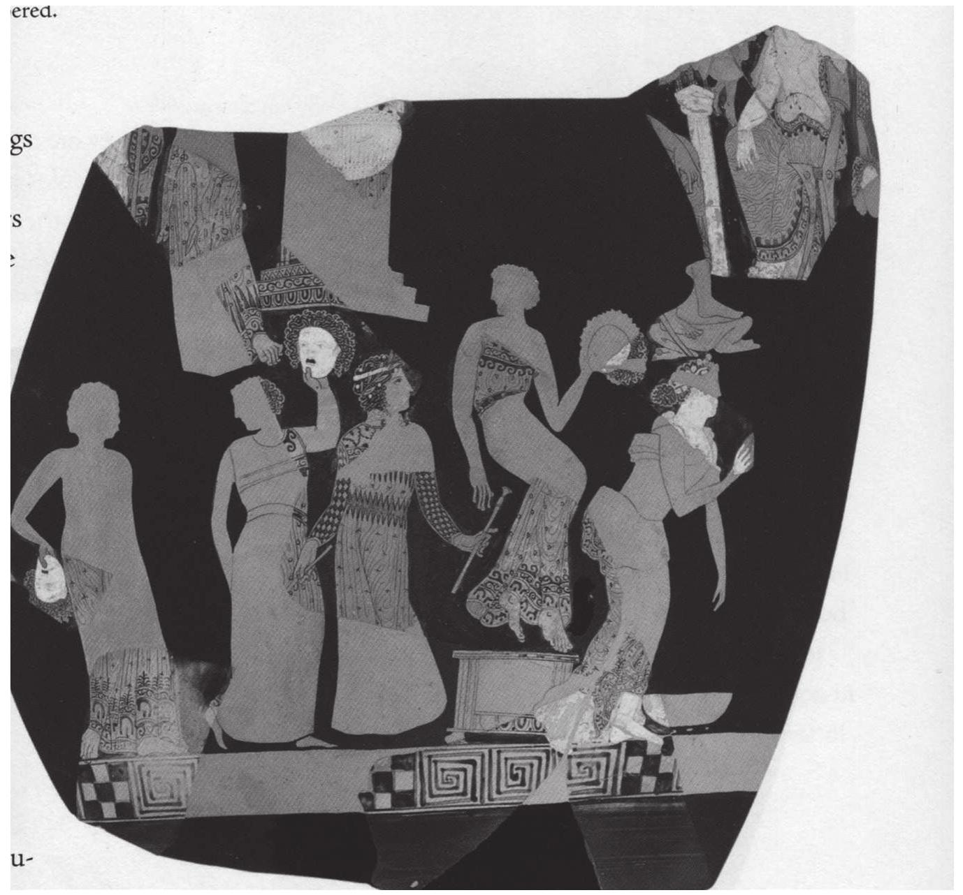 Painter, c. 400 Bc. Martin von Wagner-Museum H4781, from Taplin 2007: 30.  This state of affairs explains why offstage actors are so often depicted in  the act of contemplating their mask: the mask - whose very name, prosopon,  means ‘face’— becomes a somewhat alarming new identity, to be looked  at with  some concern.’ It is probably not a coincidence that the most famous ‘classical’  portrait of a tragic actor with his mask - an Apulian Gnathia fragmen BC) attributed to the Konnakis Painter’ - stands out for the realistic ug the ‘real’ face as opposed to the marked beauty of the mask, whereas t himself looks perplexed as he stares at it. Seduction, then, is very muc  (c. 350 iness of  ne actor  h in the  air when we talk about masks. What is more striking, however, is that once the  mask is placed on the actor's face, his entire body seems to be transformed. Let  us look at Figure 13: beautiful female masks can easily turn a group  of male 