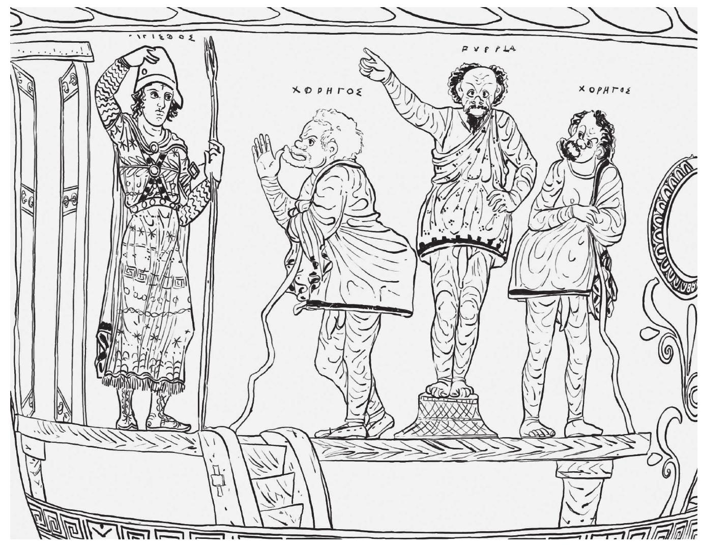 that the rapid swapping of masks was somehow visible to the audience. If so, the protagonistes, in contrast to Aeschylus’ furies who retain their identity but change their look through a superimposed red garment, would be breaking the tragedian’s taboo by openly toying with his mask and identity. Is this possible? Let us look for a moment at the famous Choregoi vase (Figure 14),  dating to about 390, just like the Assemblywomen. The comic actor disguised as Aegisthus has entered (note the open door on his left), and his right hand is fumbling the top of his head. As Taplin has cautiously suggested, the actor has just put on his whole-head mask and is adjusting it.'* The same may apply, I think, to our scene. In any case, it is the protagonistes as such, rather than the ephemeral character that is usually referred to as ‘First Old Woman, who comes back to take revenge with a new mask, so as to show his virtuoso acting while fishing for the audience's acclamation. With a little imagination, we can almost see and hear them rise to the bait, the crowd standing up in an uproar when he returned wearing a black array and an astonishing mask  covered with red blisters. Sure enough, the old poet knew how to give them  - aw 