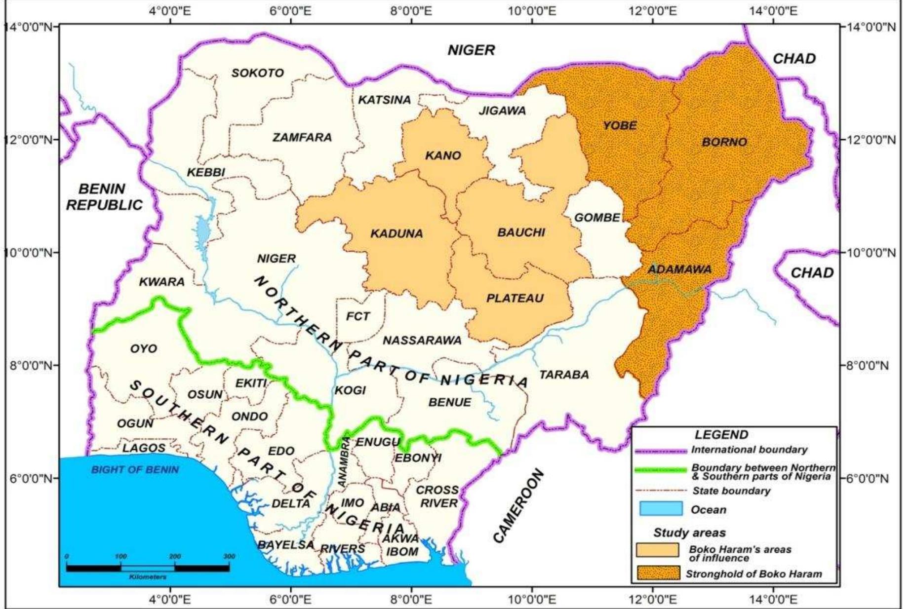 Map of nigeria showing boko haram’s areas of influence and