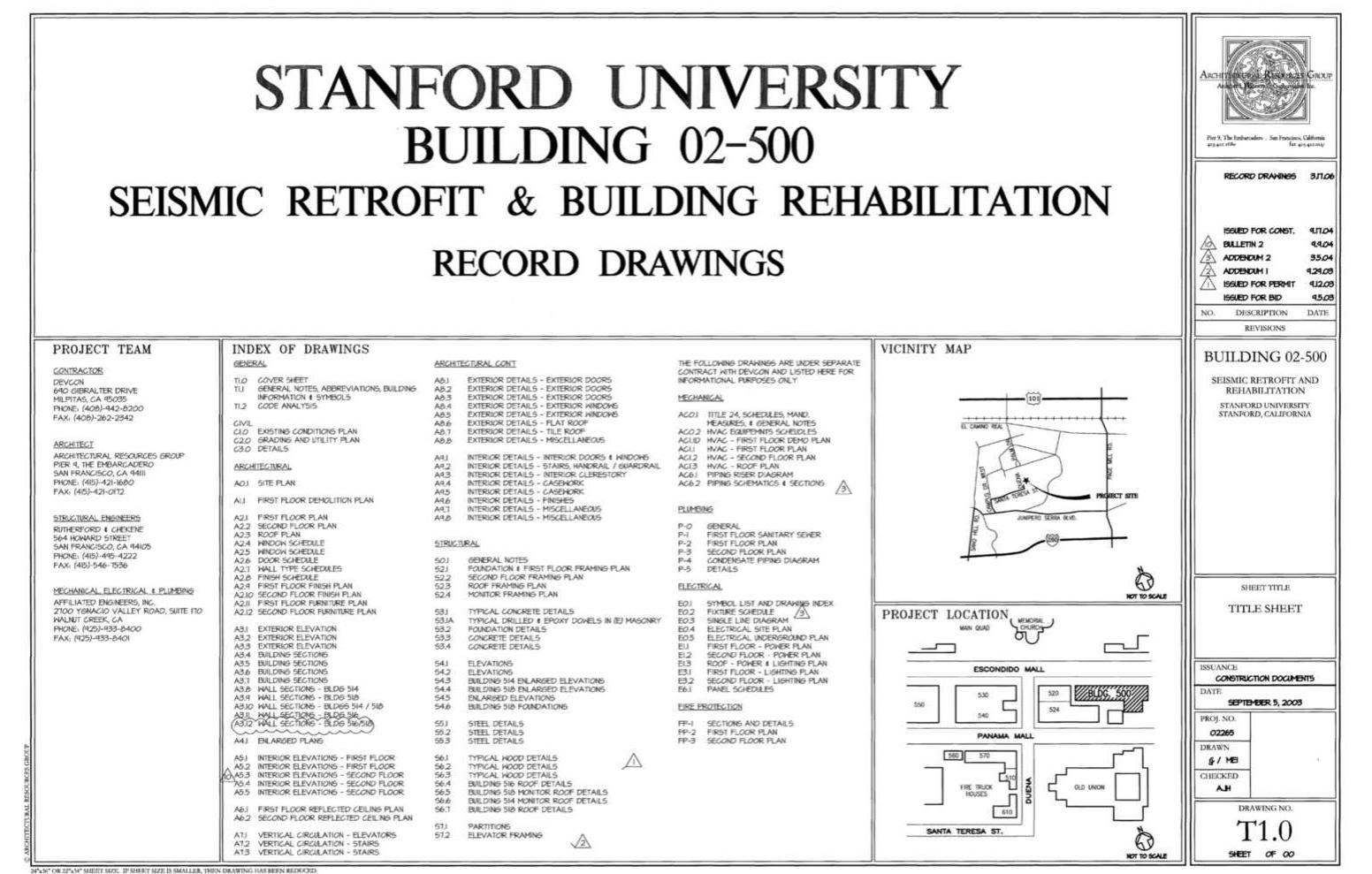 Just a sample of events in the life-cycle of Building 500, these are fairly typical of modifications to academic buildings as use and needs shift — and for seismic retrofits of buildings near the San Andrés fault. The voluminous records labeled “seismic retrofit and rehabilitation” from 2003. just prior to the archaeologists’ encounter, indicate something more extensive and unique. ‘After 103 years there was a pause, a deep breath and exhale for the building prior to the frenetic activity of ruin reincarnation. One hundred and fifteen documents, each consisting of floor  plans and explanatory detail, as referenced on the “Record Drawings,” present the academic abandonment, disuse, dereliction, then partial demolition, division, reconstruction and transfor- mation of Building 500 over the subsequent two years (Figure 24.6). 