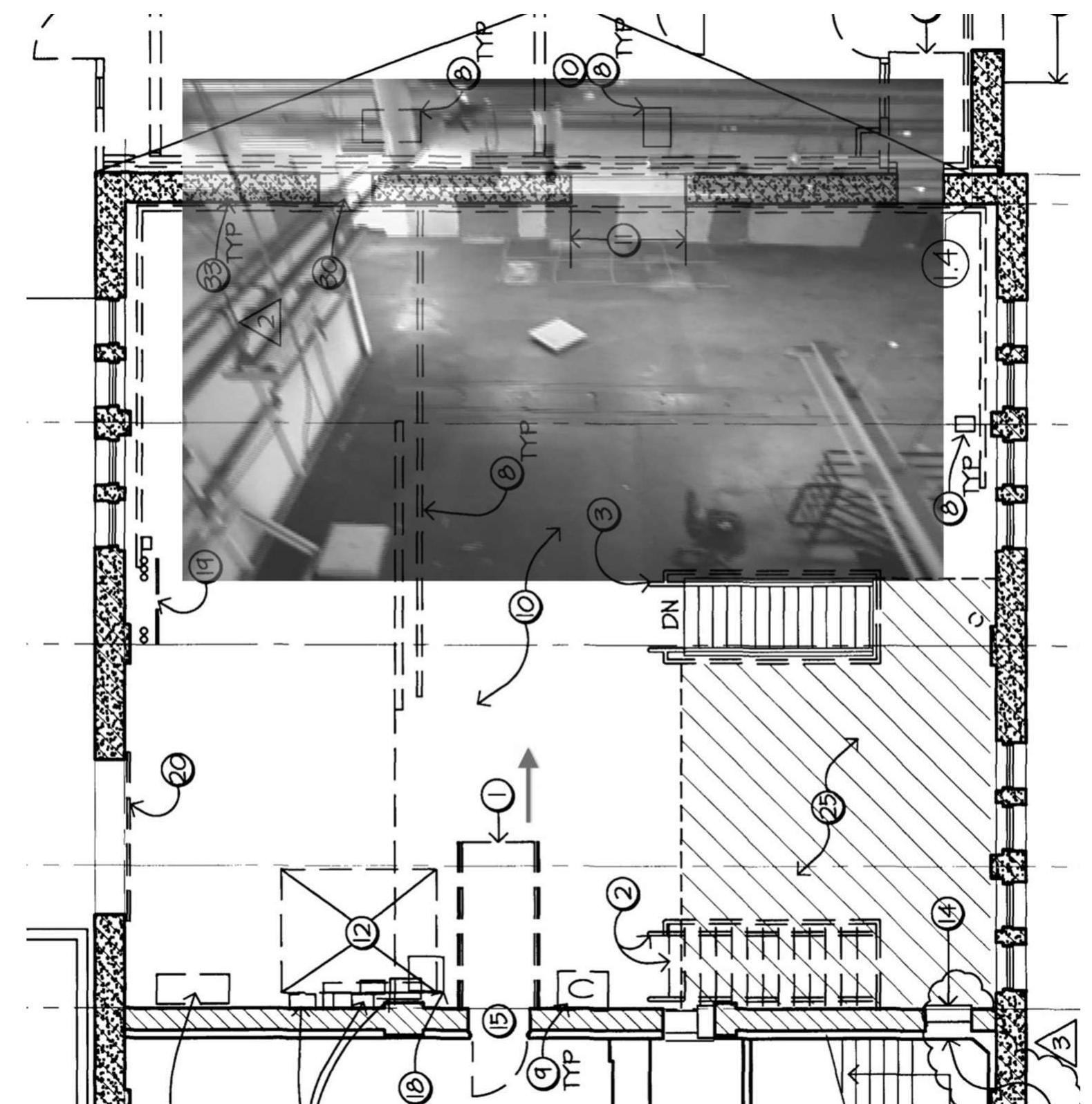 Figure 24.11 Map and video screenshot montage of Building 500 (location and direction of camera noted by arrow) 